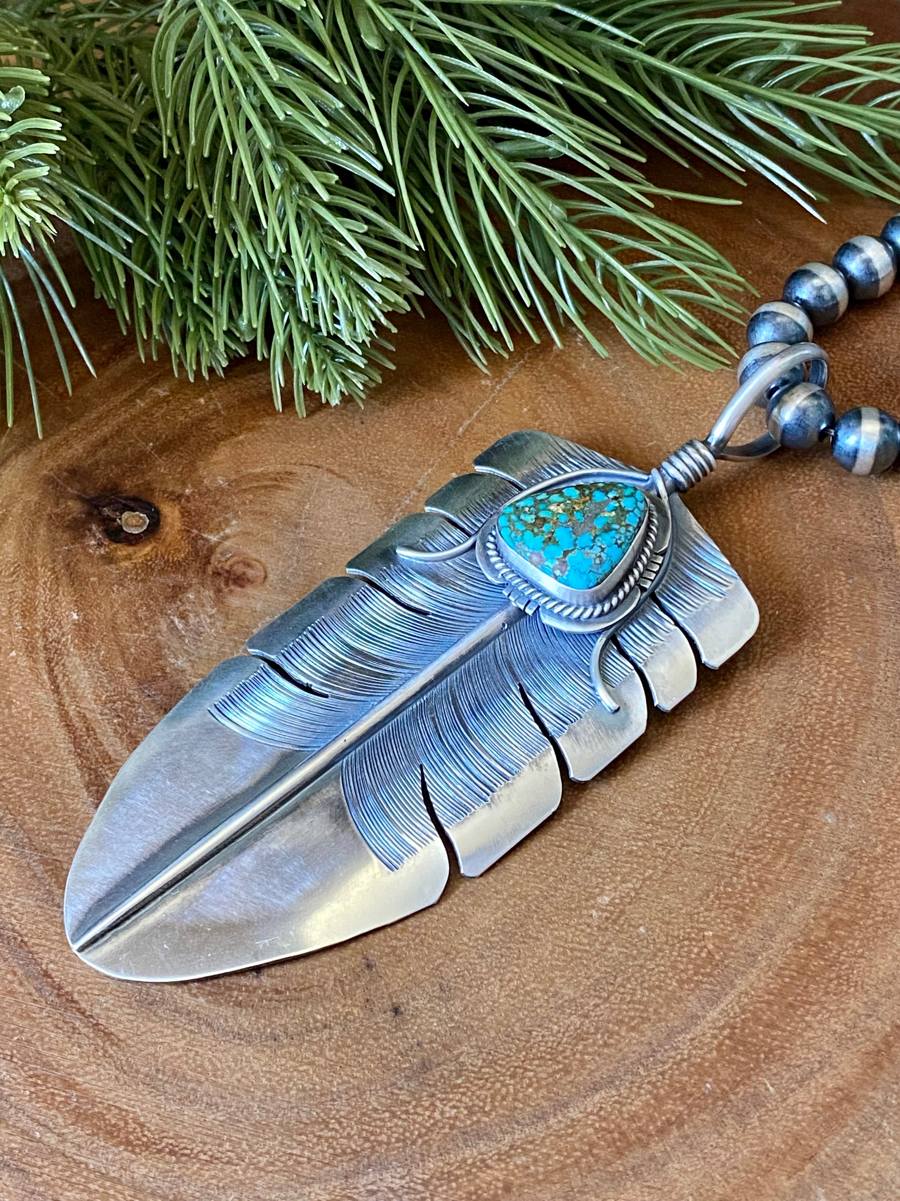 John Nelson Kingman Turquoise & Sterling Silver Feather Pendant