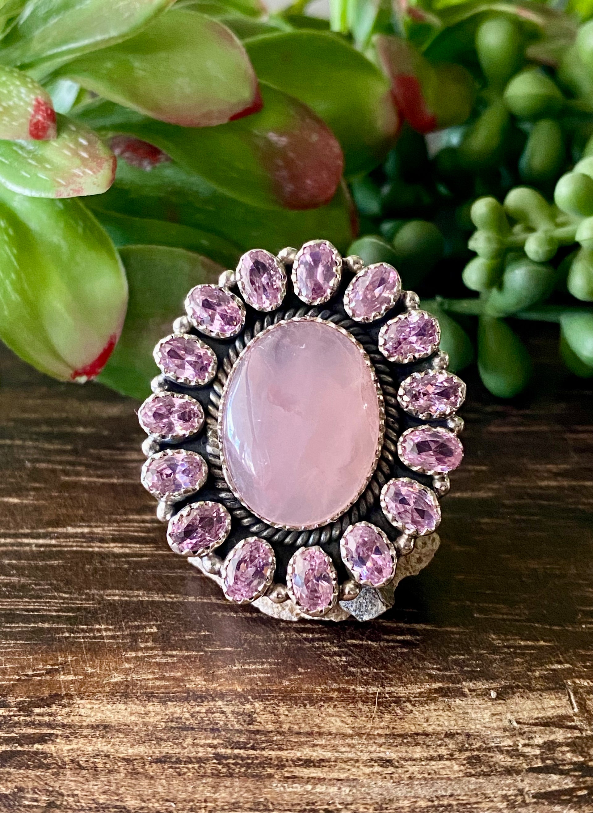 Southwest Handmade Rose Quartz & Tourmaline Sterling Silver Cluster Adjustable Ring Size 5.5