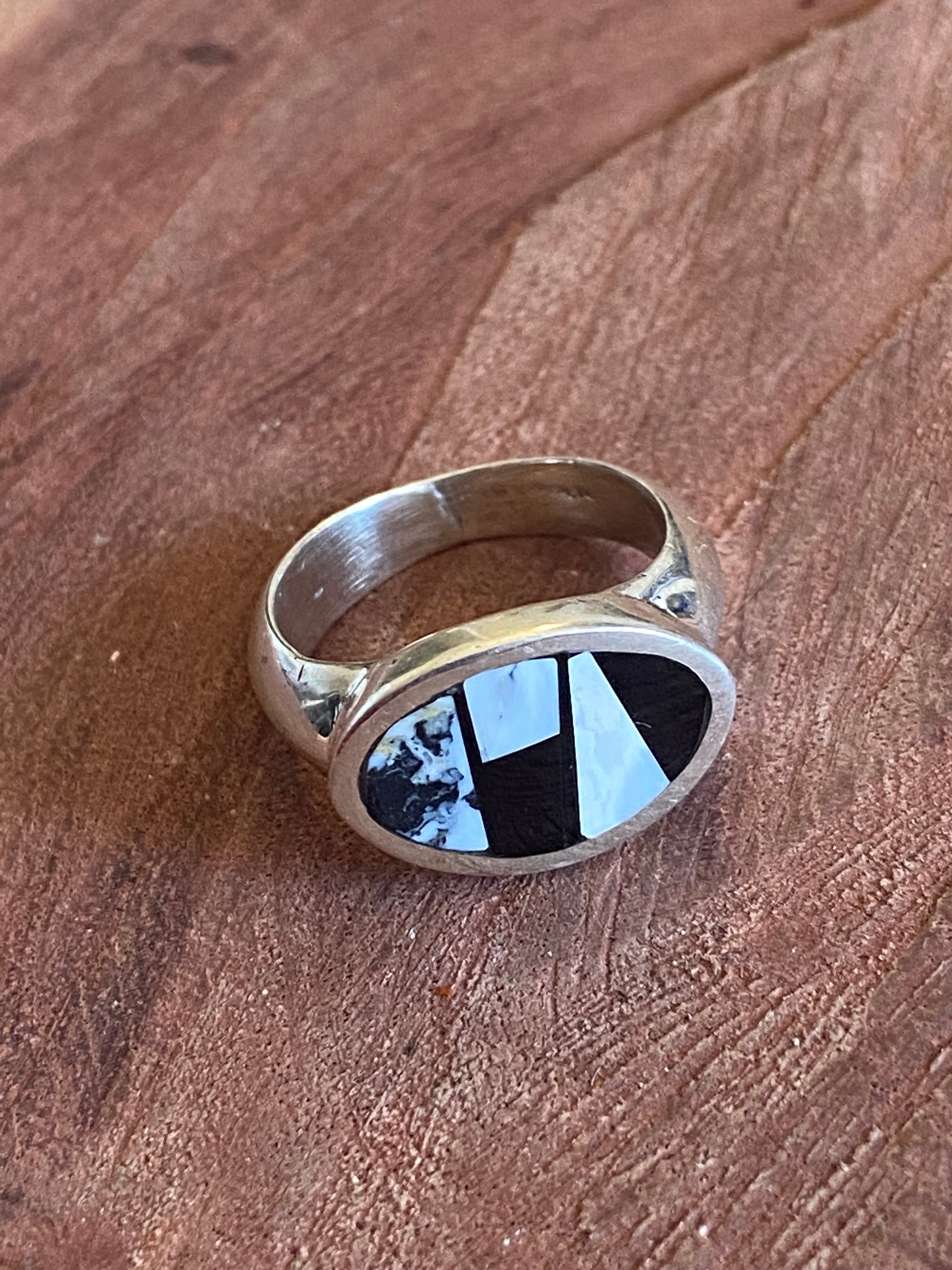 Navajo White Buffalo & Onyx Sterling Silver Inlay Ring Size 4.75