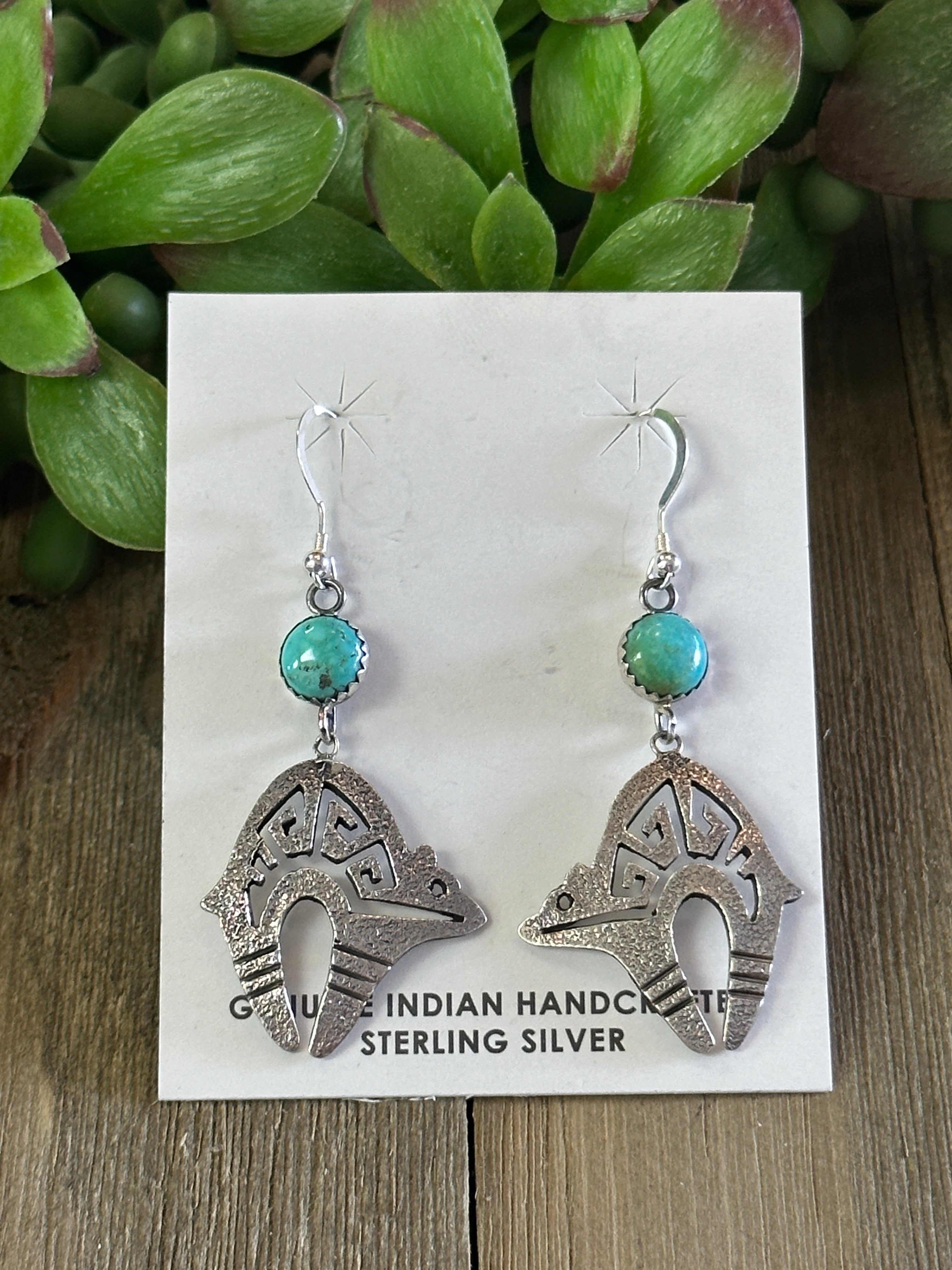 Navajo Made Kingman Turquoise & Sterling Silver Bear Dangle Earrings