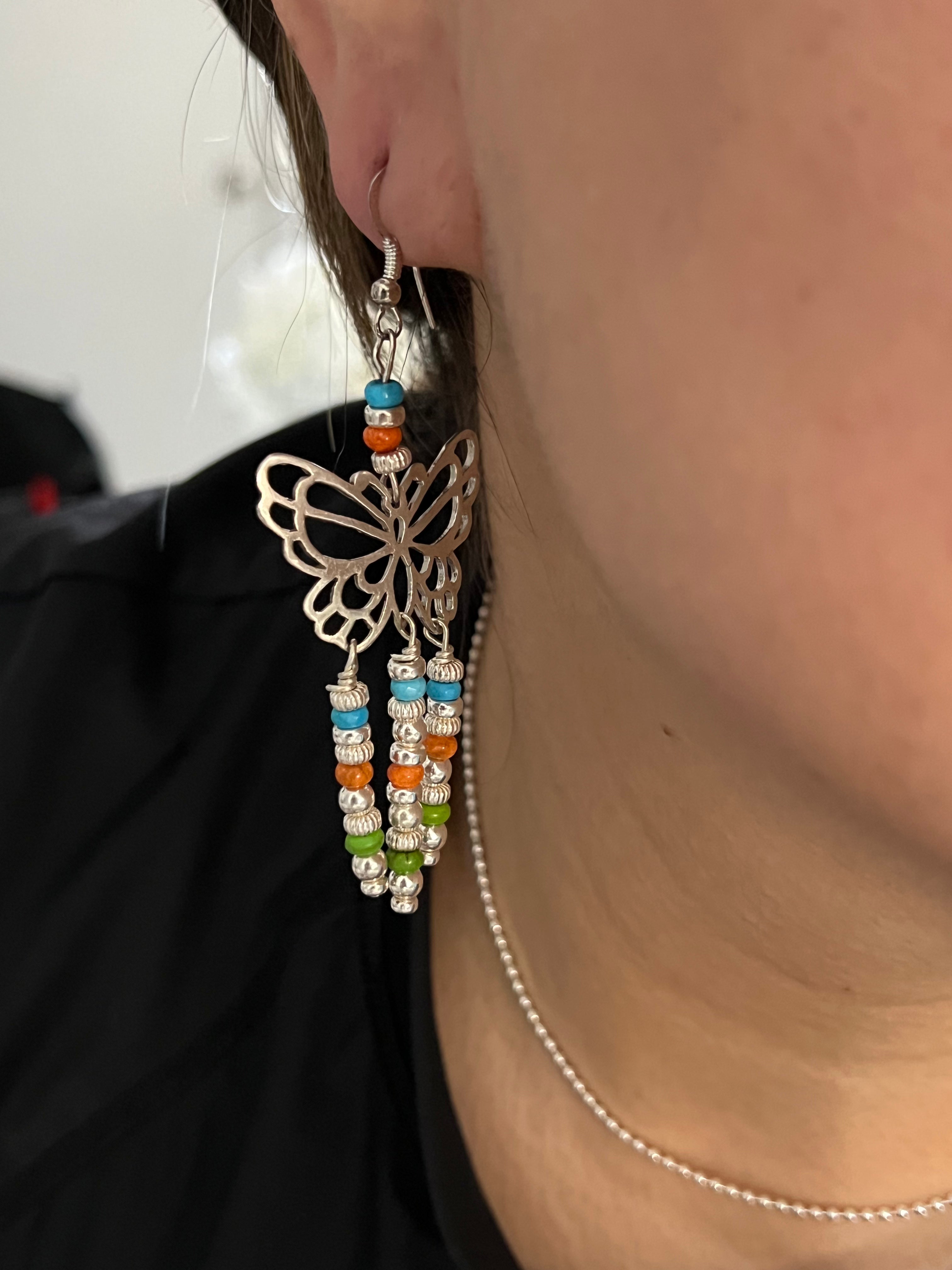 Pam Armstrong Multi Stone & Sterling Silver Butterfly Dangle Earrings