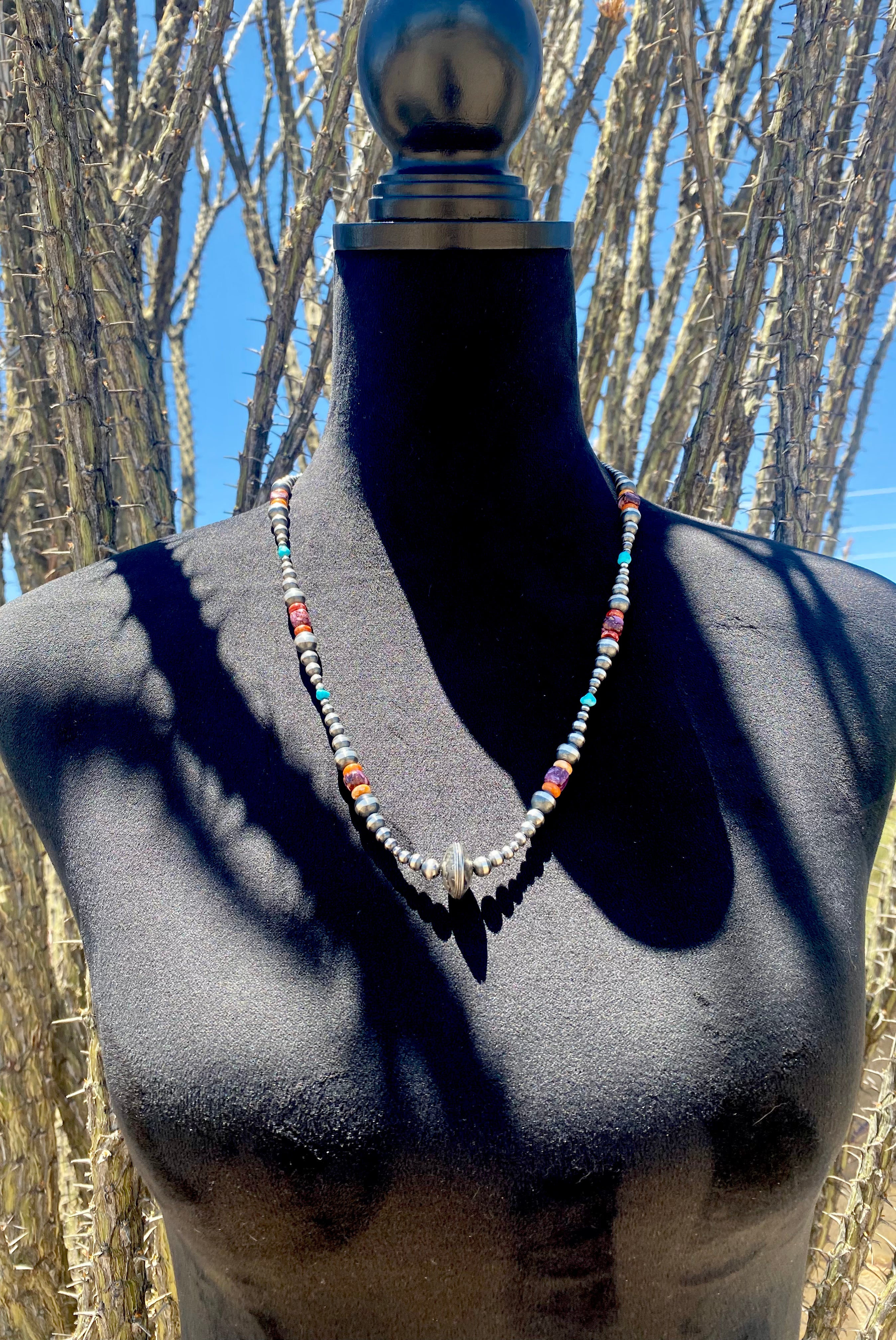 Navajo Strung Multi Stone & Sterling Silver Graduated Liberty Dime Pearl Necklace