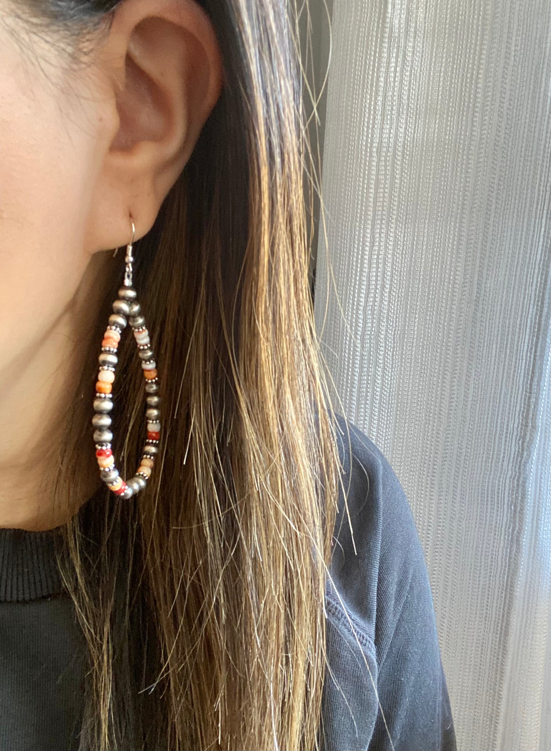 Navajo Strung Spiny Oys & Sterling Silver Pearl Dangle Earrings