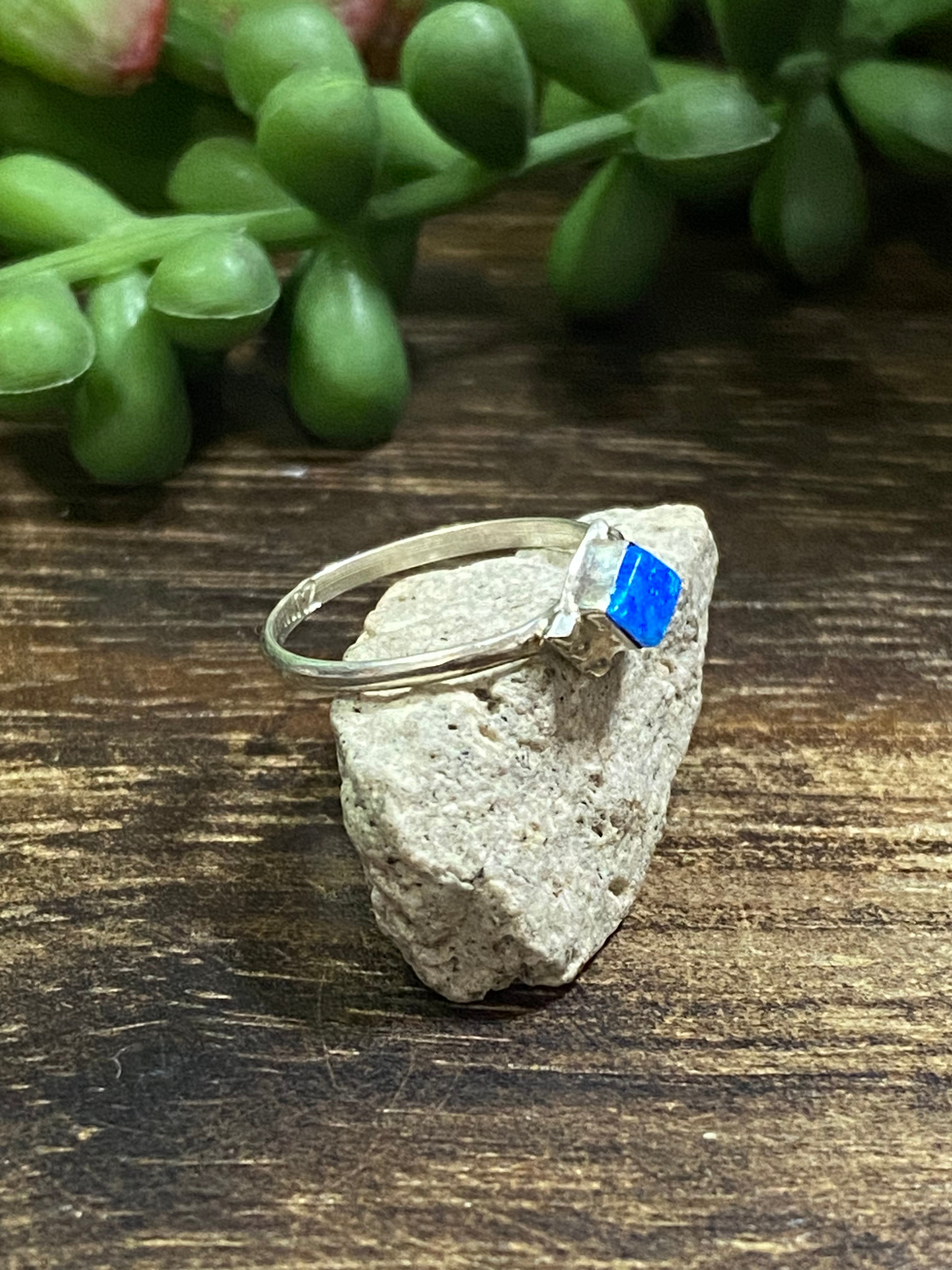 Navajo Made Blue Opal (Man-Made) & Sterling Silver Ring Size 4