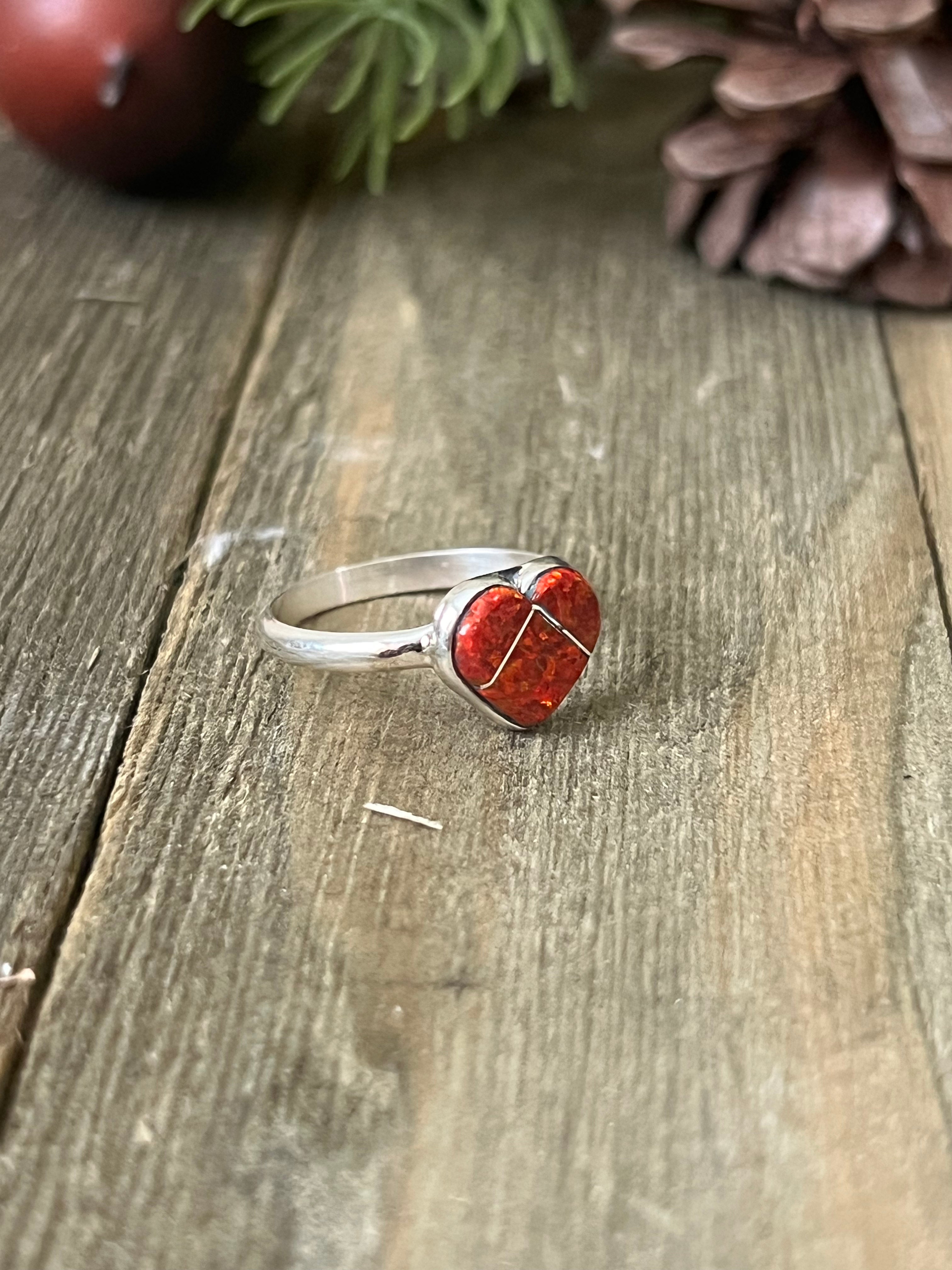 Zuni Made Red Opal (Man Made) & Sterling Silver Ring