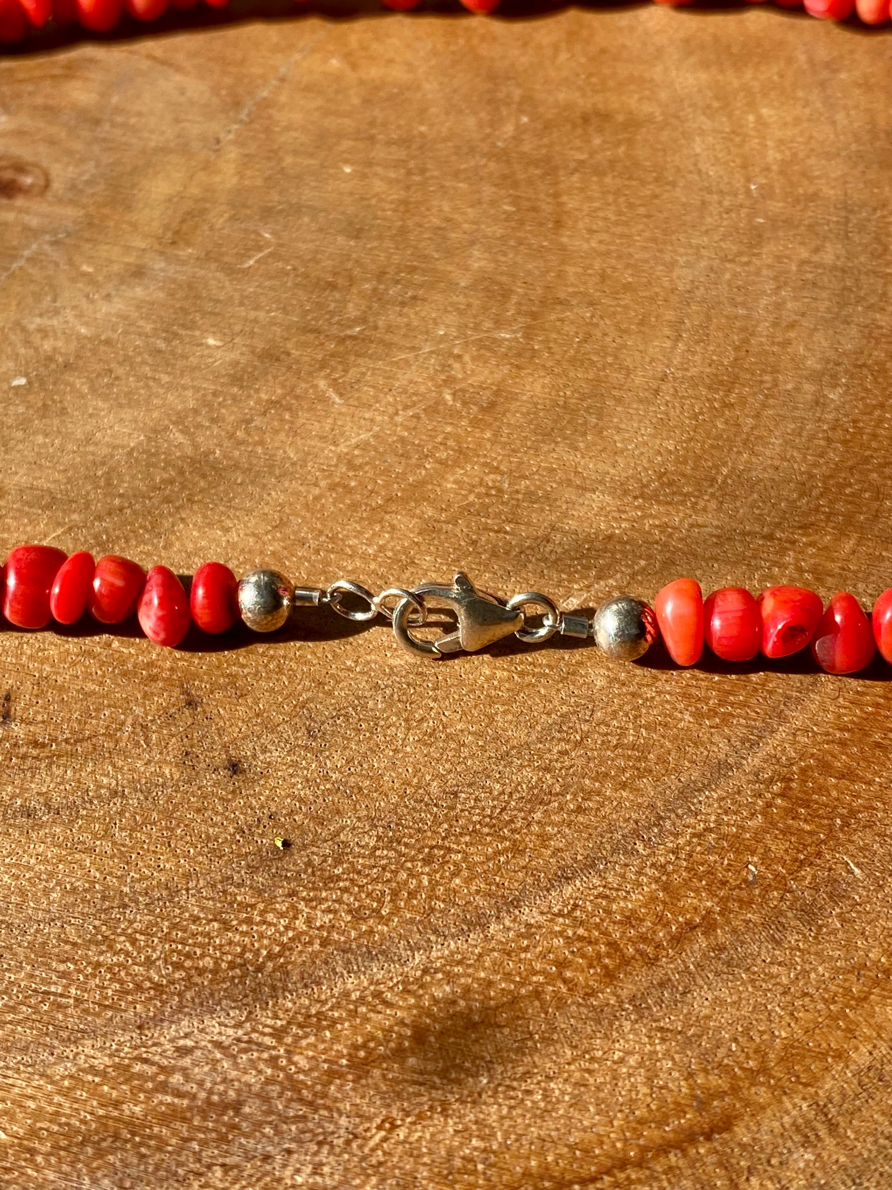 Navajo Made Bamboo Coral & Sterling Silver Beaded Necklace