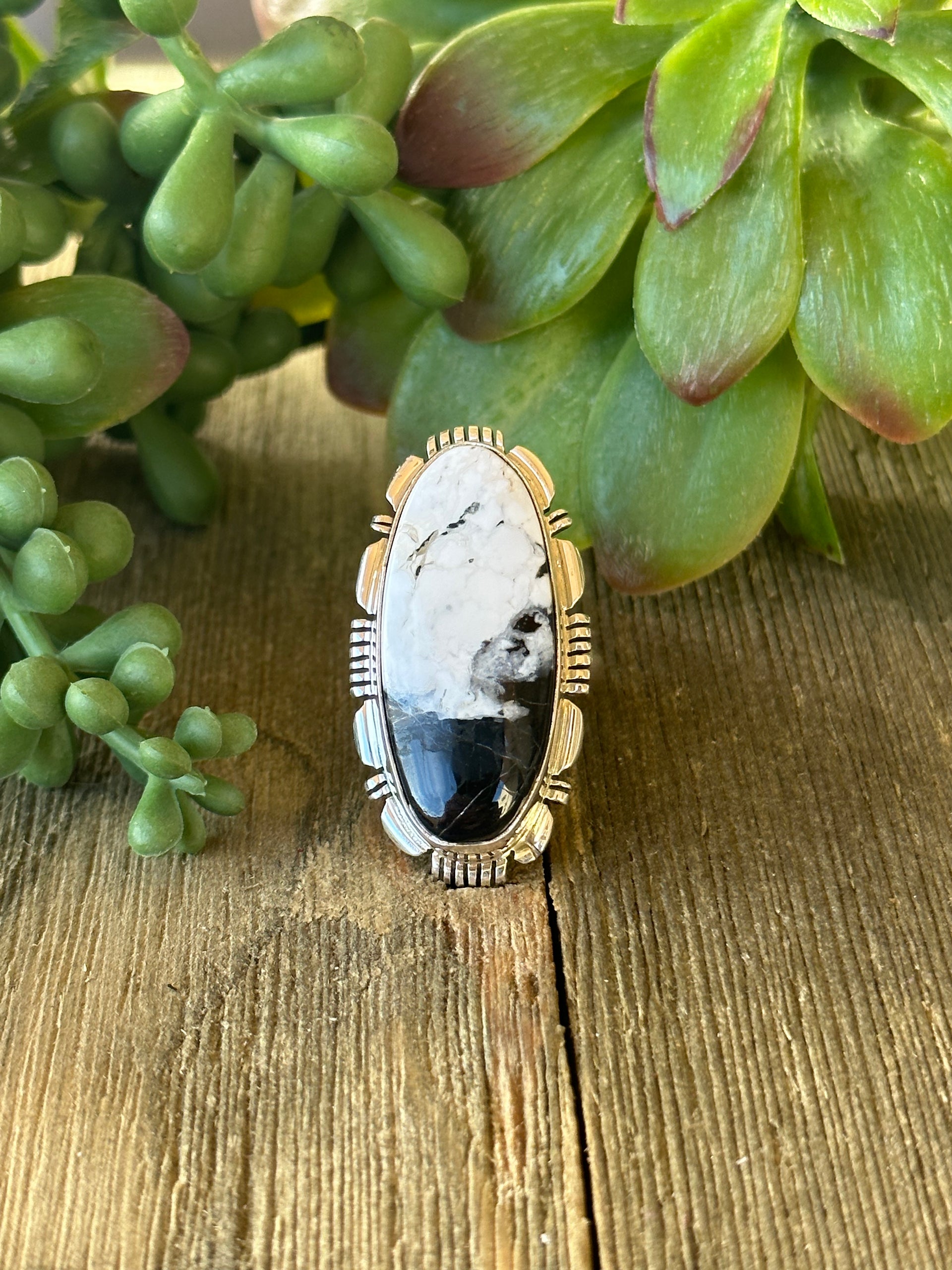 Navajo Made White Buffalo & Sterling Silver Ring Size 6.5