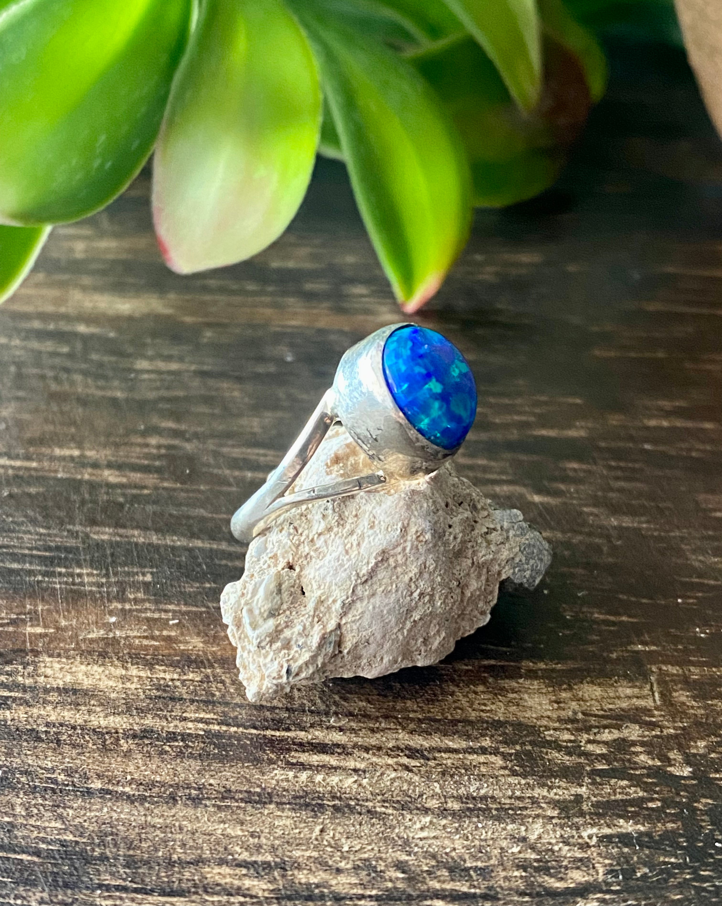 Navajo Made Blue Opal & Sterling Silver Ring Size 7.5