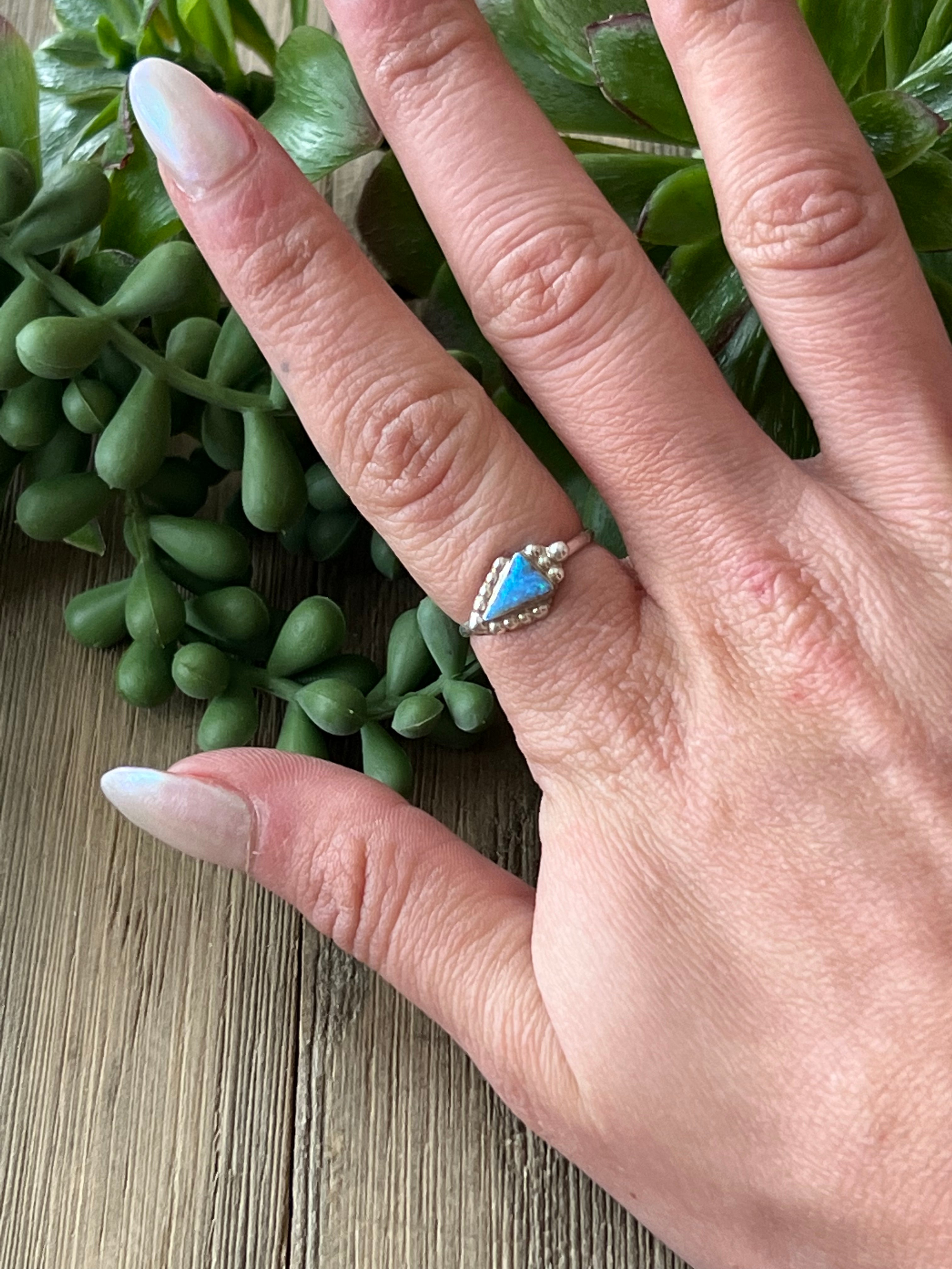 Zuni Made Blue Opal(Man-Made) & Sterling Silver Arrow Ring