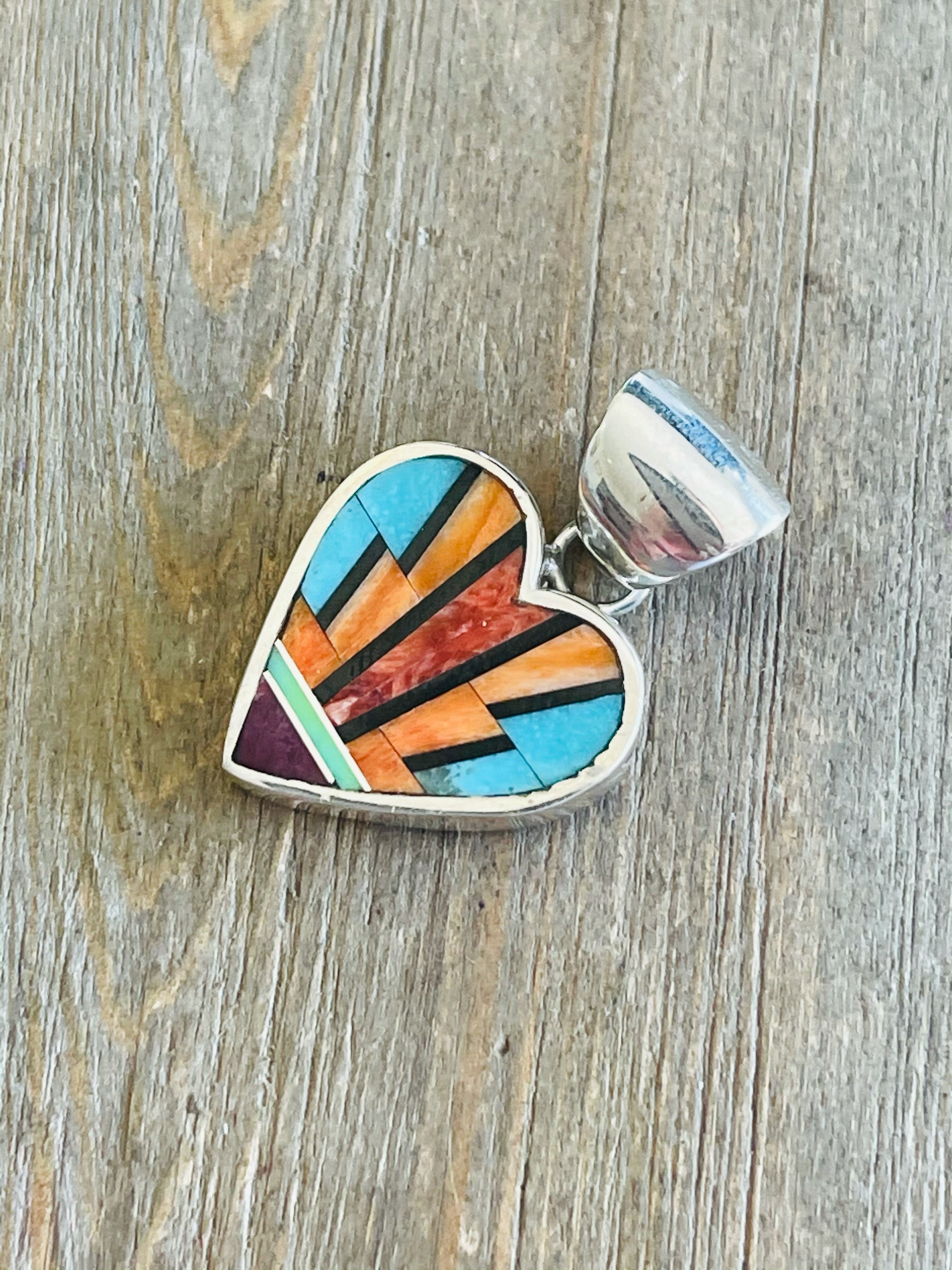 Navajo Multi Stone & Sterling Silver Heart Inlay Pendant