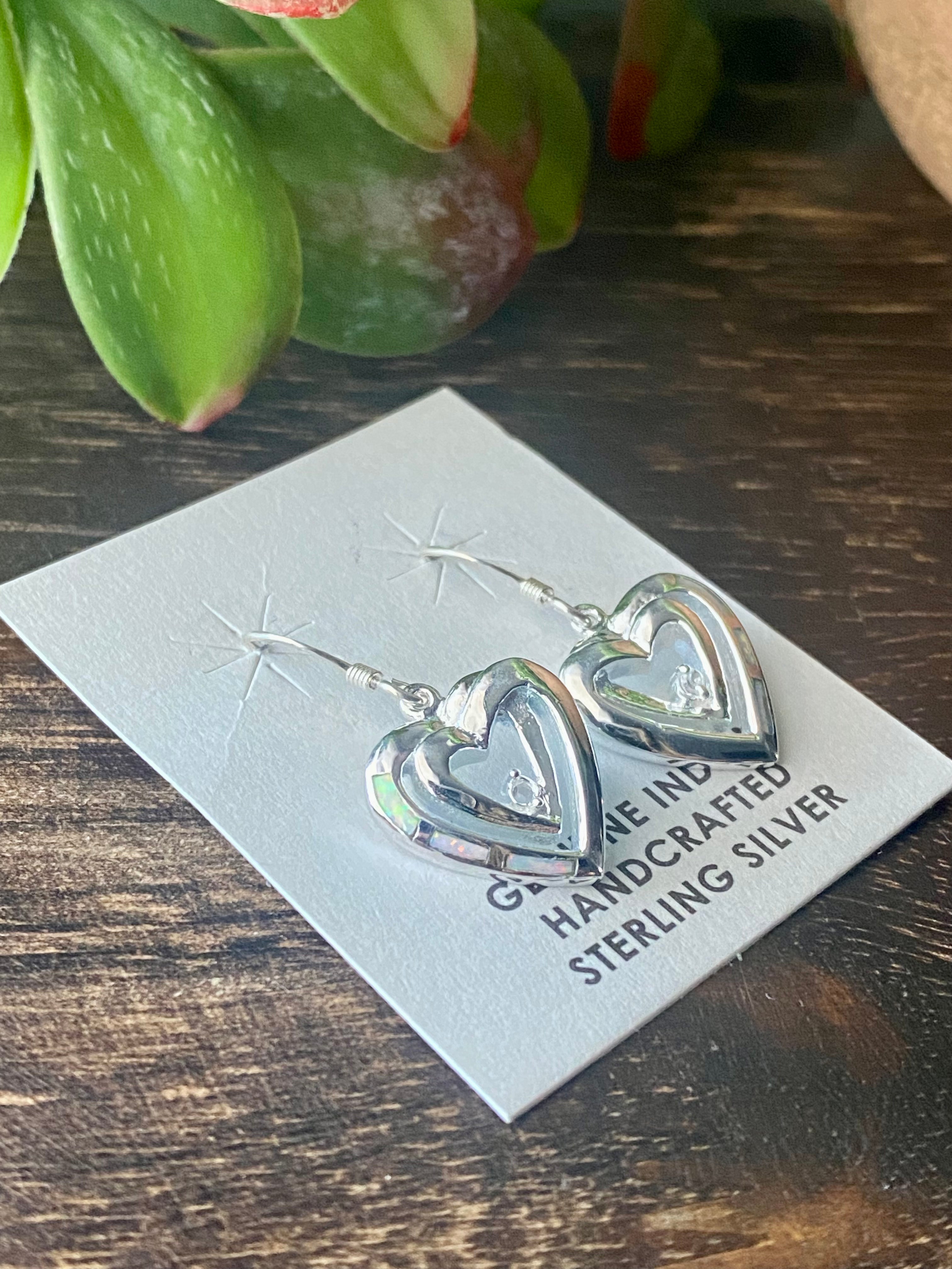 Southwest Handmade White Opal & Sterling Silver Inlay Heart Dangle Earrings