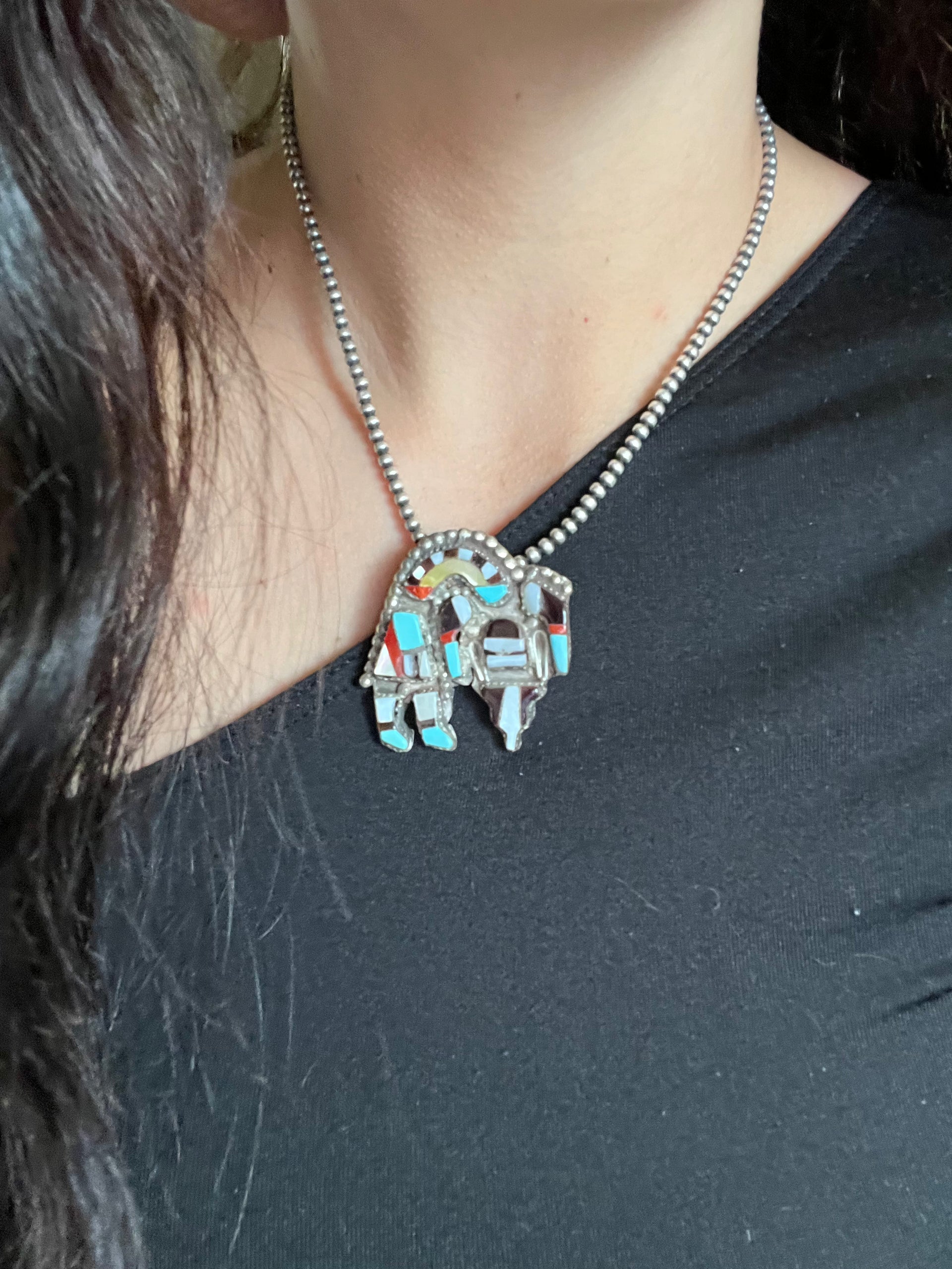 Vintage Zuni Made Multi Stone & Sterling Silver Inlay Pendant