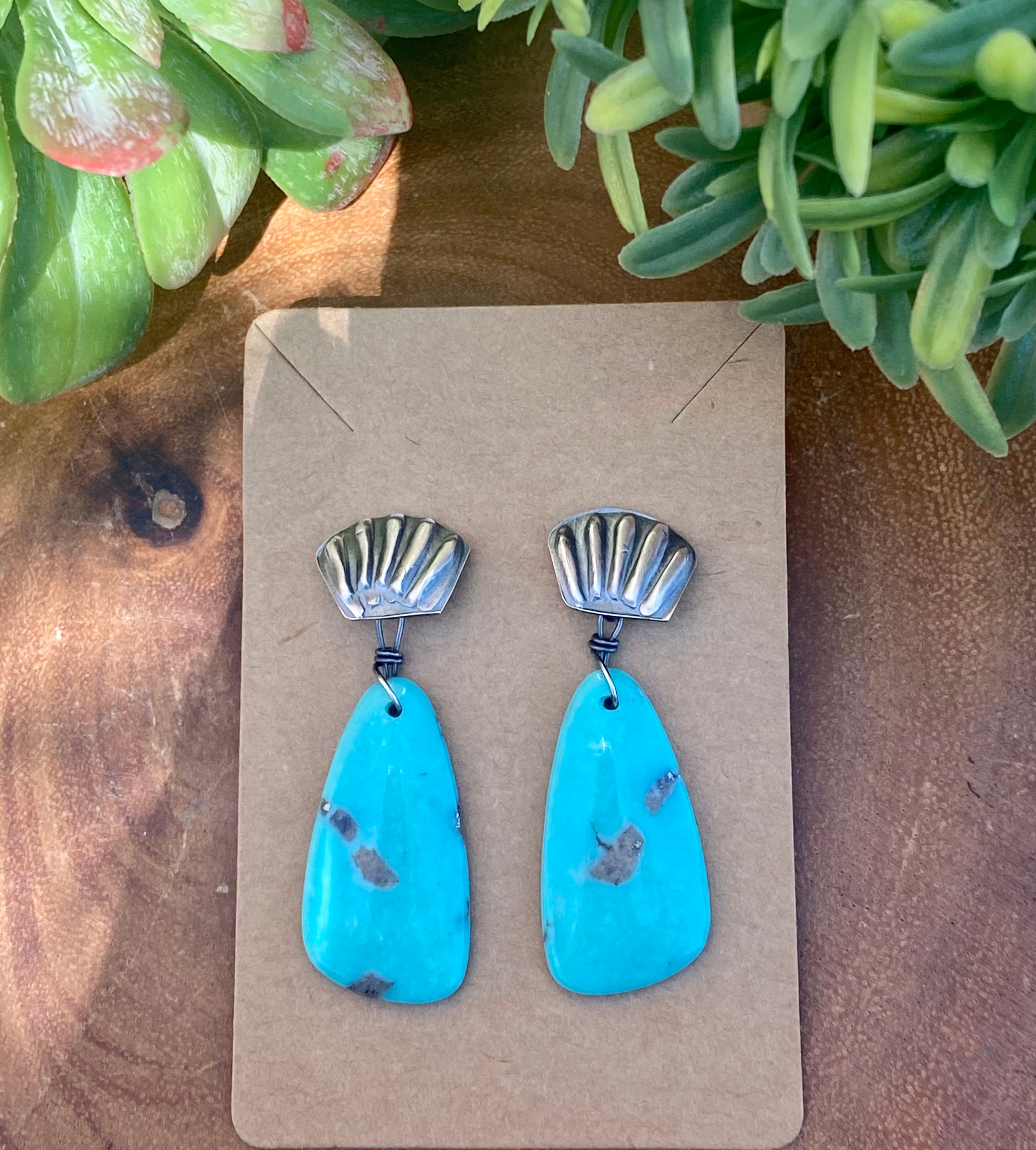 Navajo Made Kingman Turquoise & Sterling Silver Post Dangle Earrings