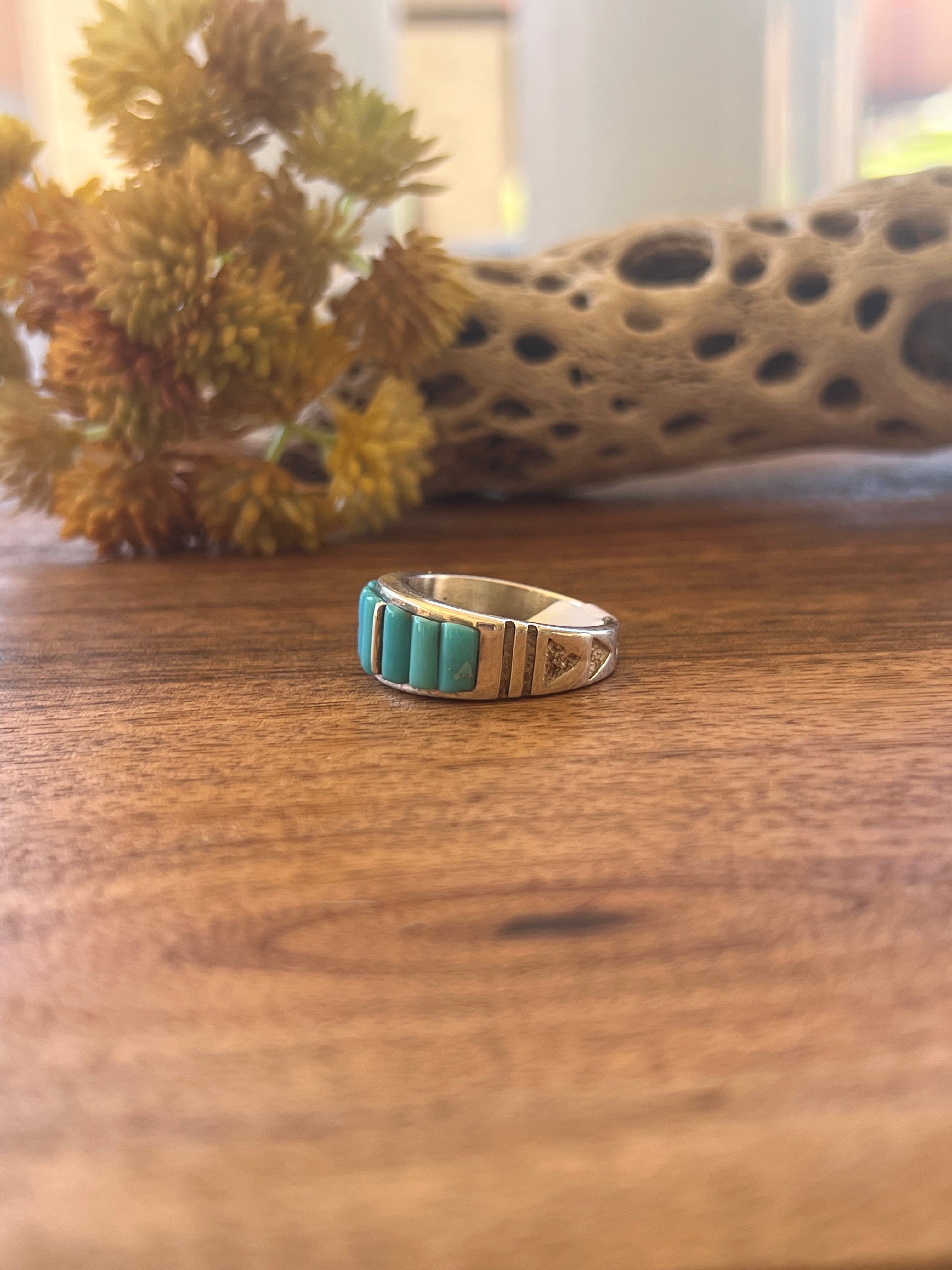 Allen Lee Kingman Turquoise & Sterling Silver Inlay Ring Size 9.5