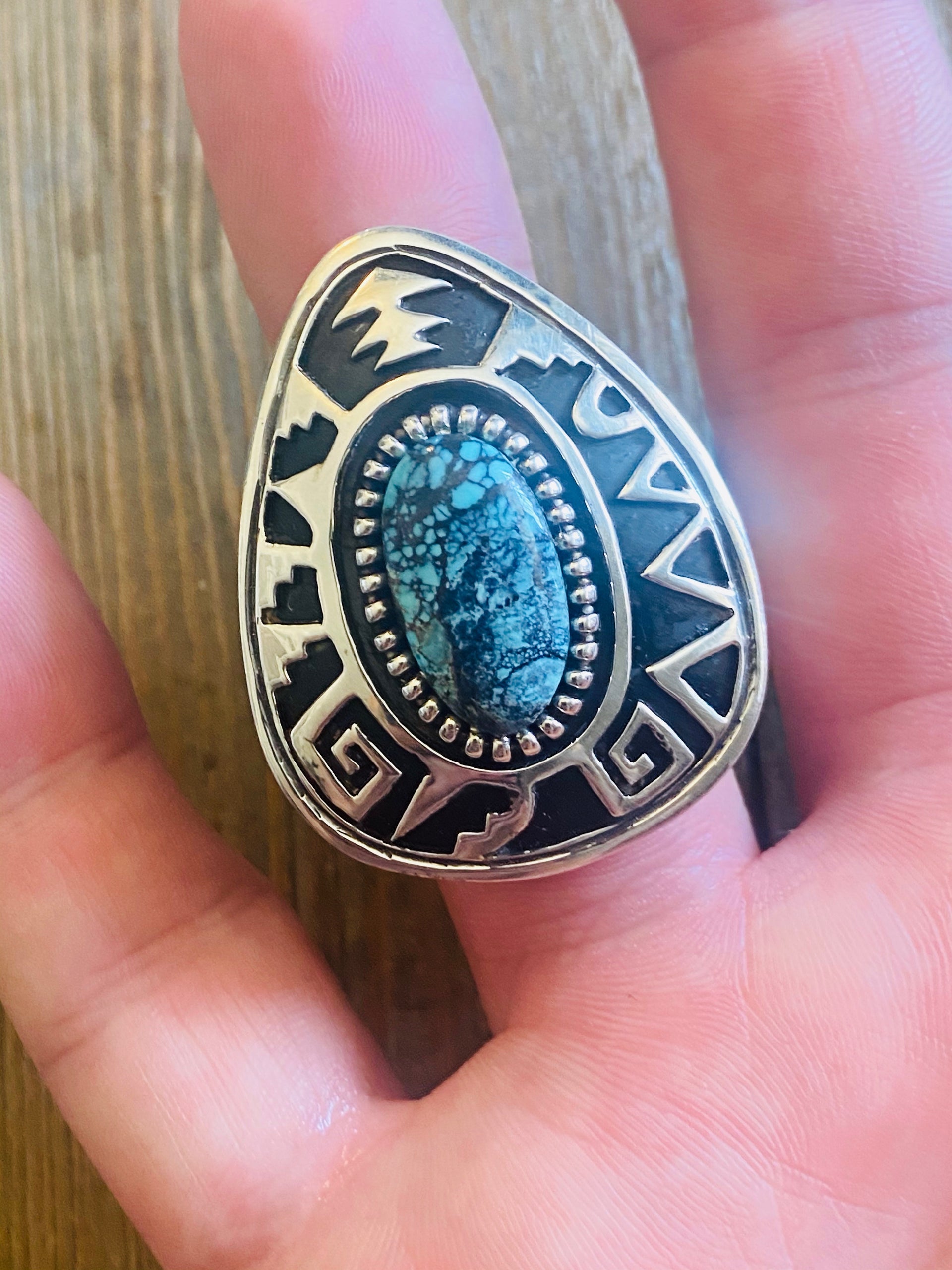 Larry Kaye Kingman Spiderweb Turquoise & Sterling Silver Overlay Ring Size 9