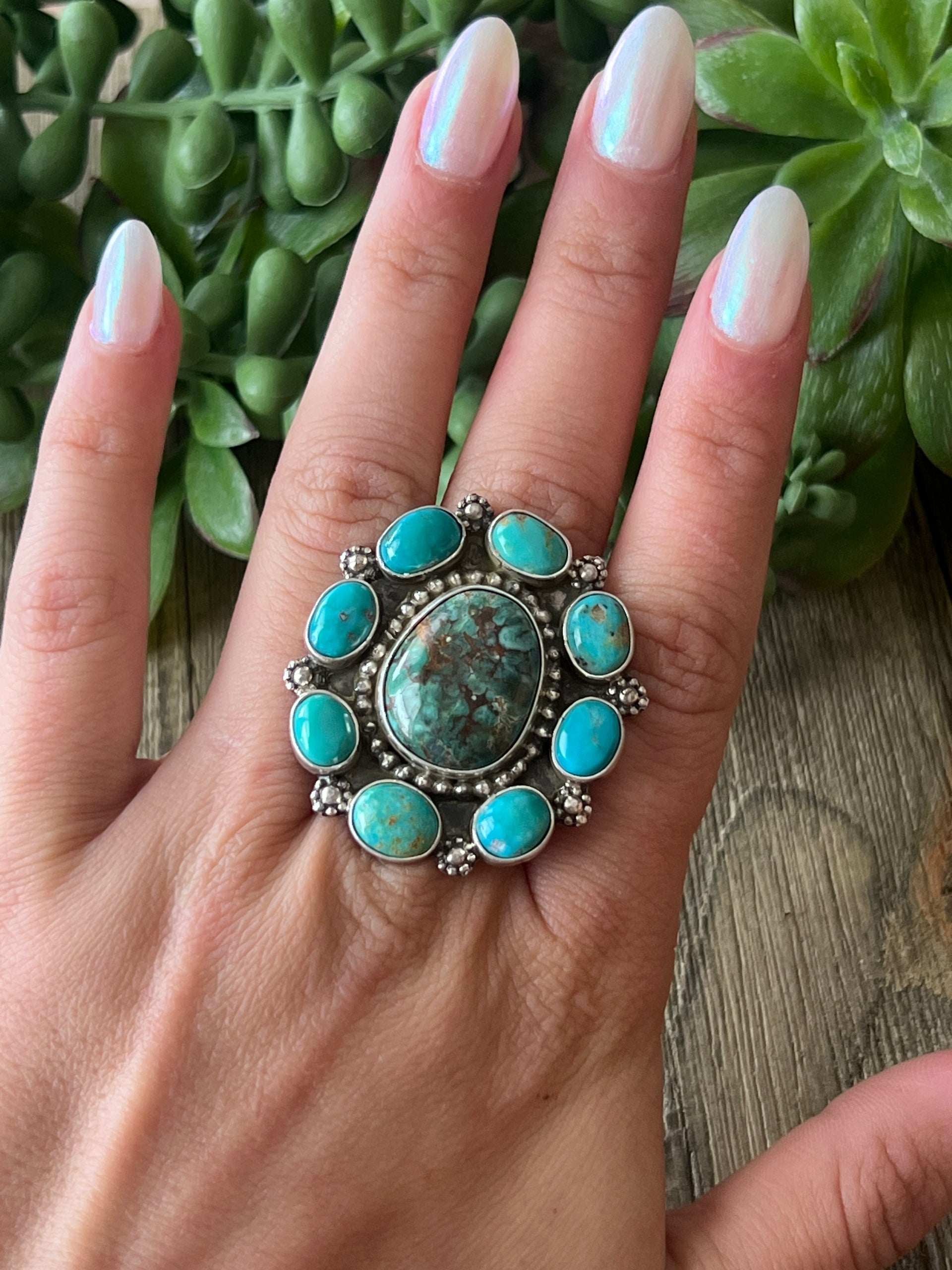 Chris Etsitty Kingman Turquoise & Sterling Silver Ring Size 6.75