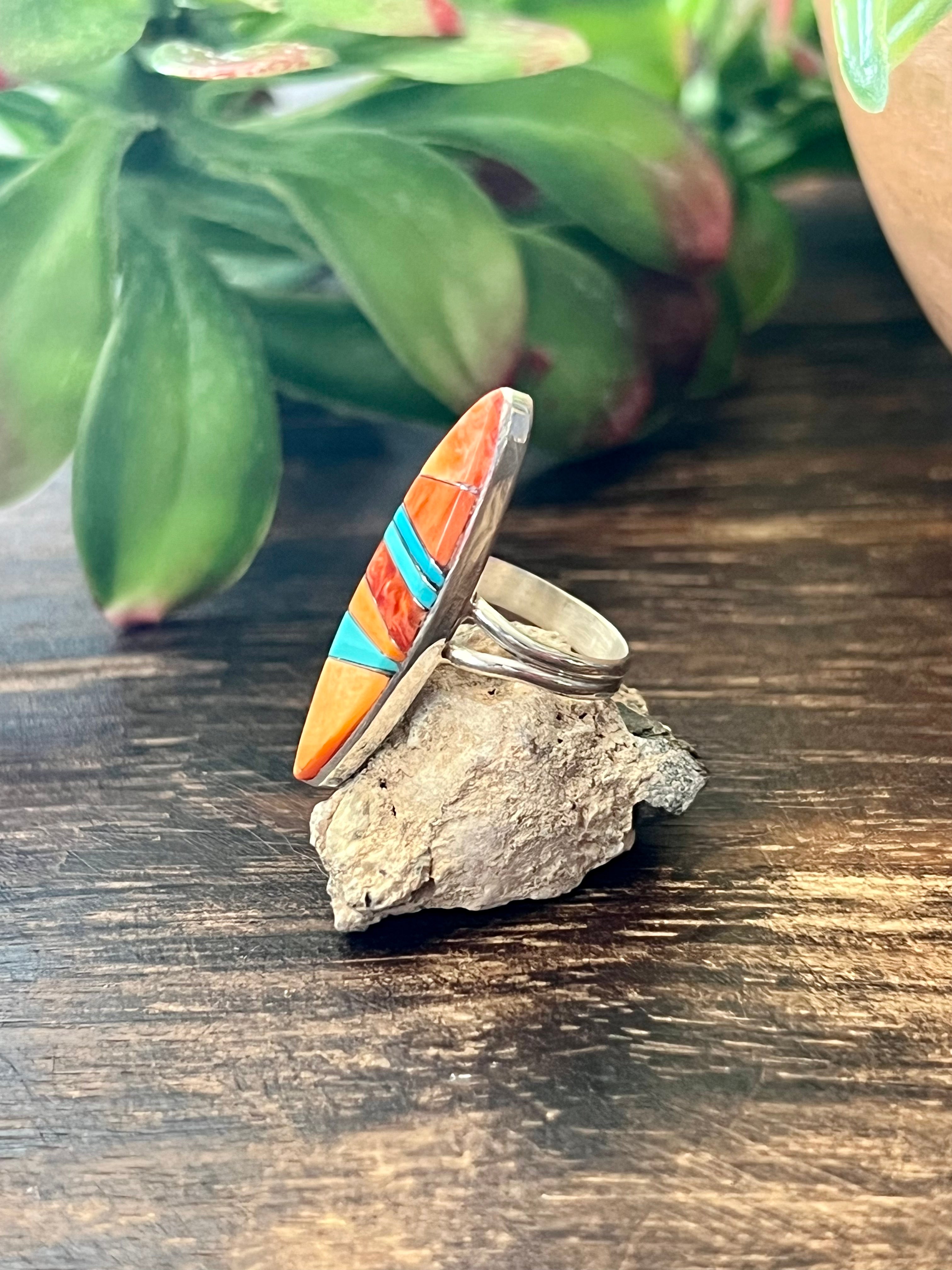 Navajo Made Multi Stone & Sterling Silver Inlay Ring Size 5