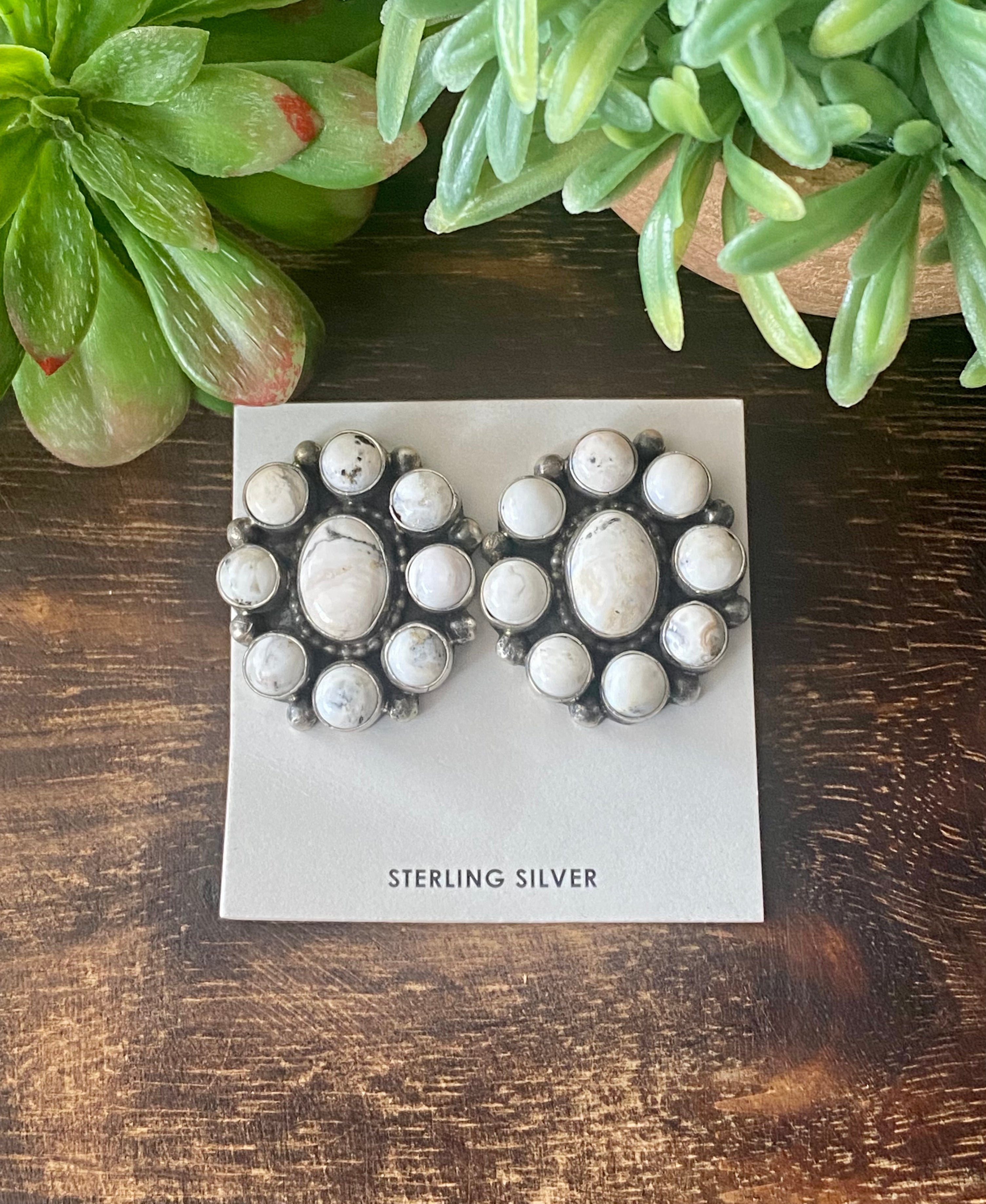 Sheila Becenti White Buffalo & Sterling Silver Post Cluster Earrings