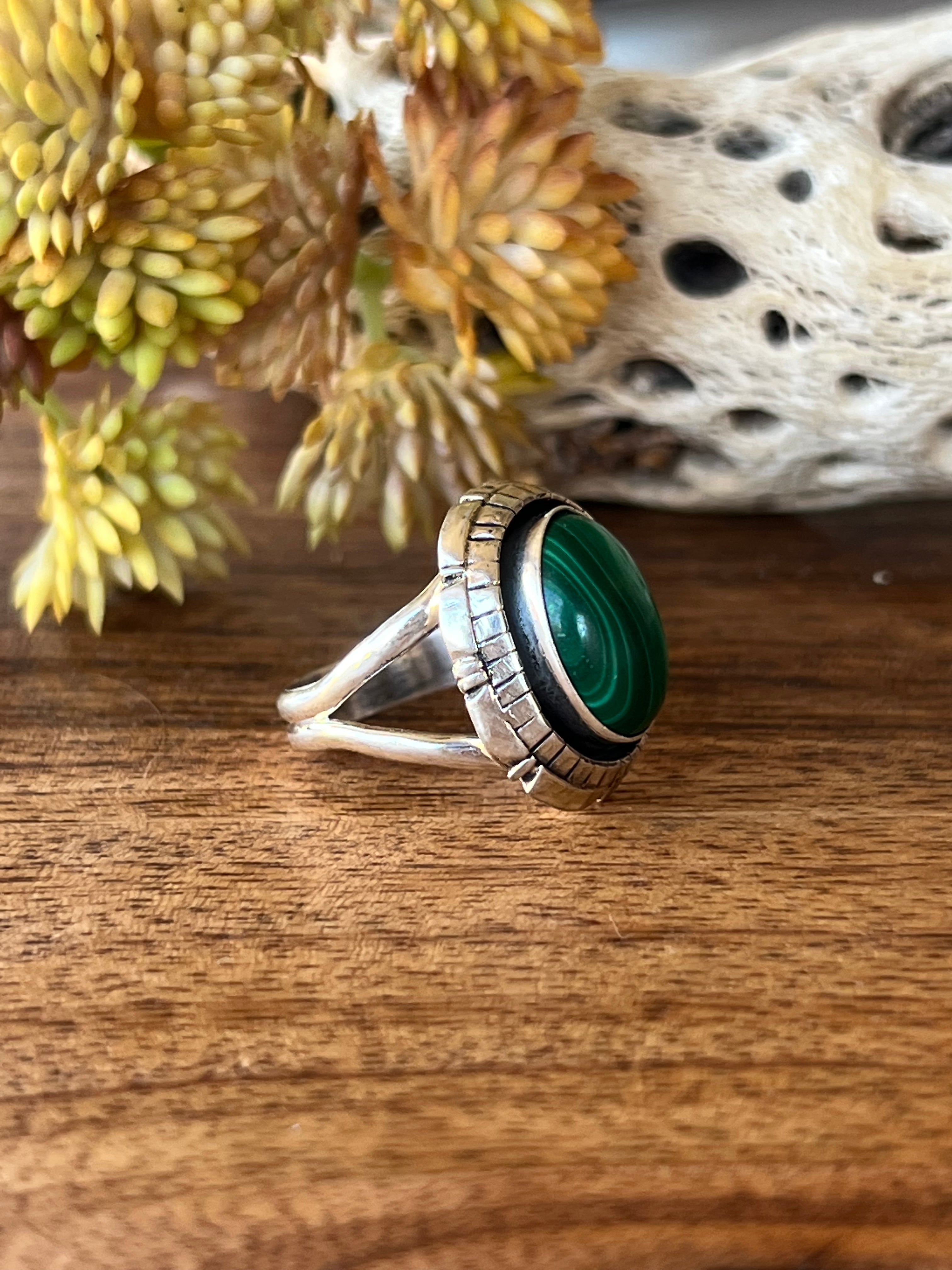 Navajo Made Malachite & Sterling Silver Ring Size 7.5