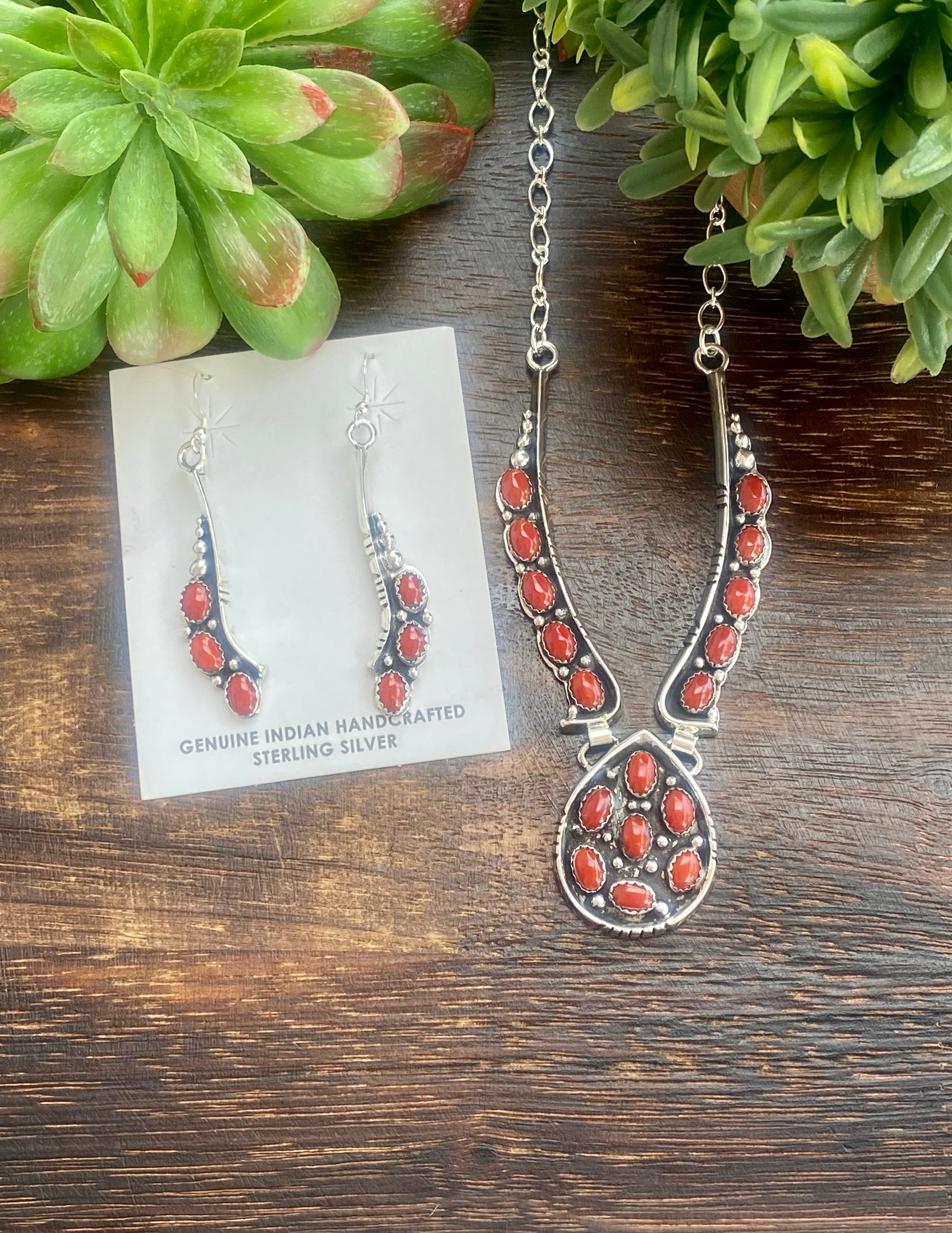 Emer Thompson Coral & Sterling Silver Cluster Necklace Set