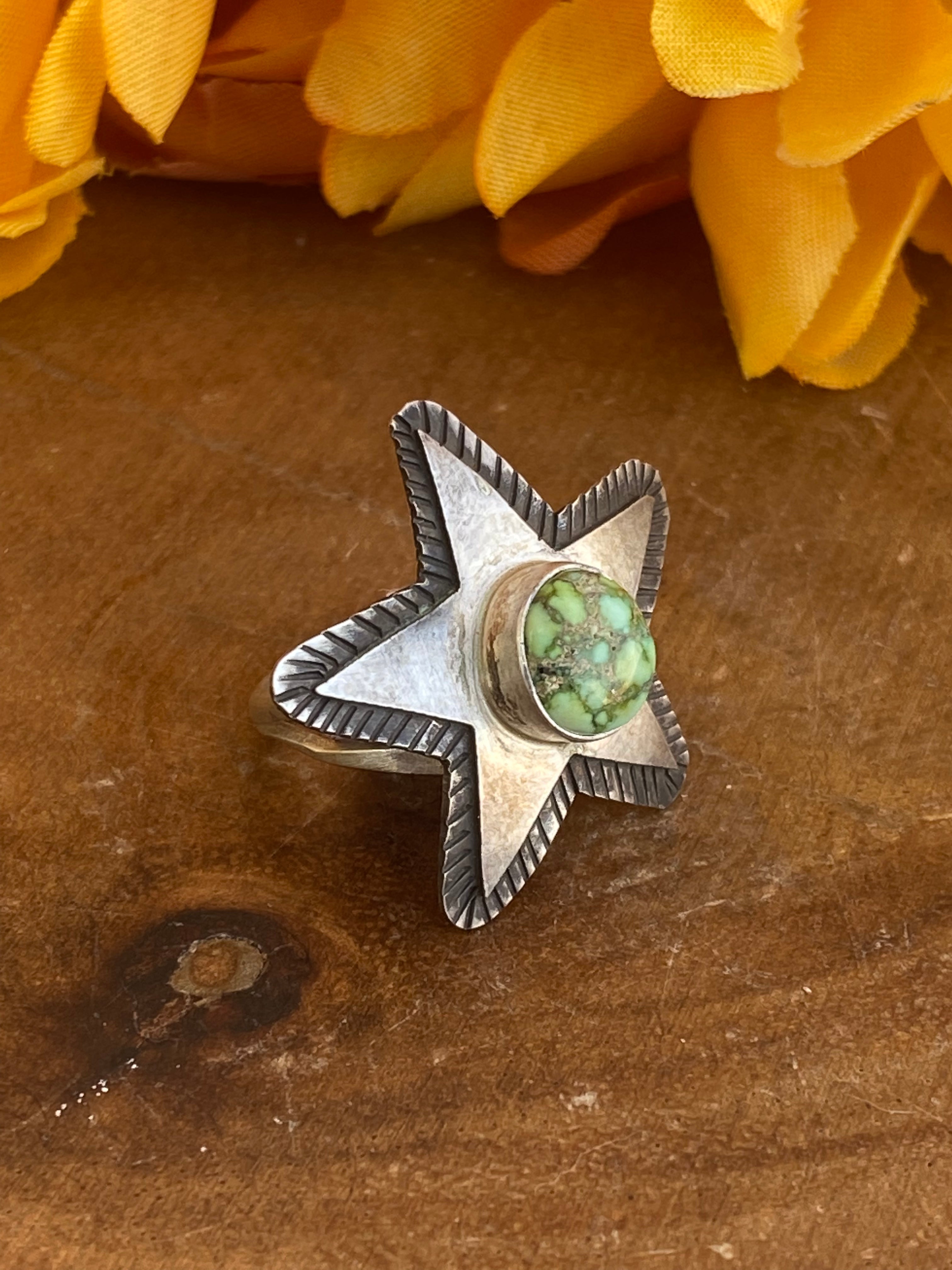Scott Skeets Sonoran Gold Turquoise & Sterling Silver Star Ring Size 6