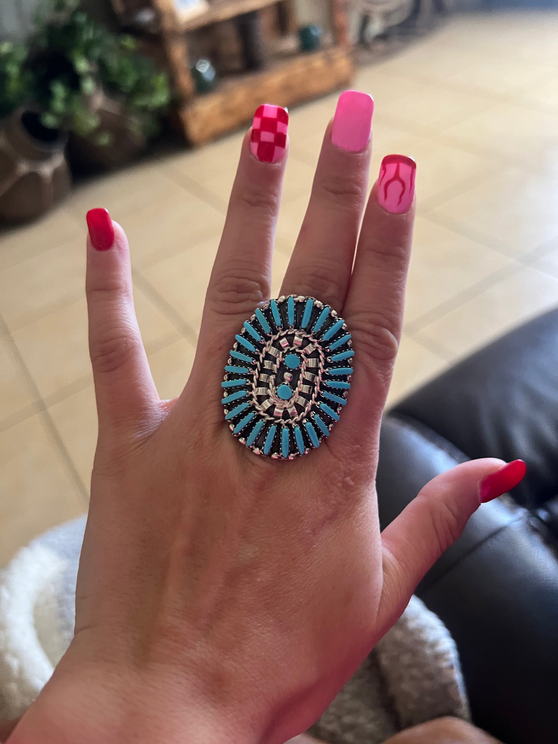 Zuni Made Kingman Turquoise & Sterling Silver Cluster Ring