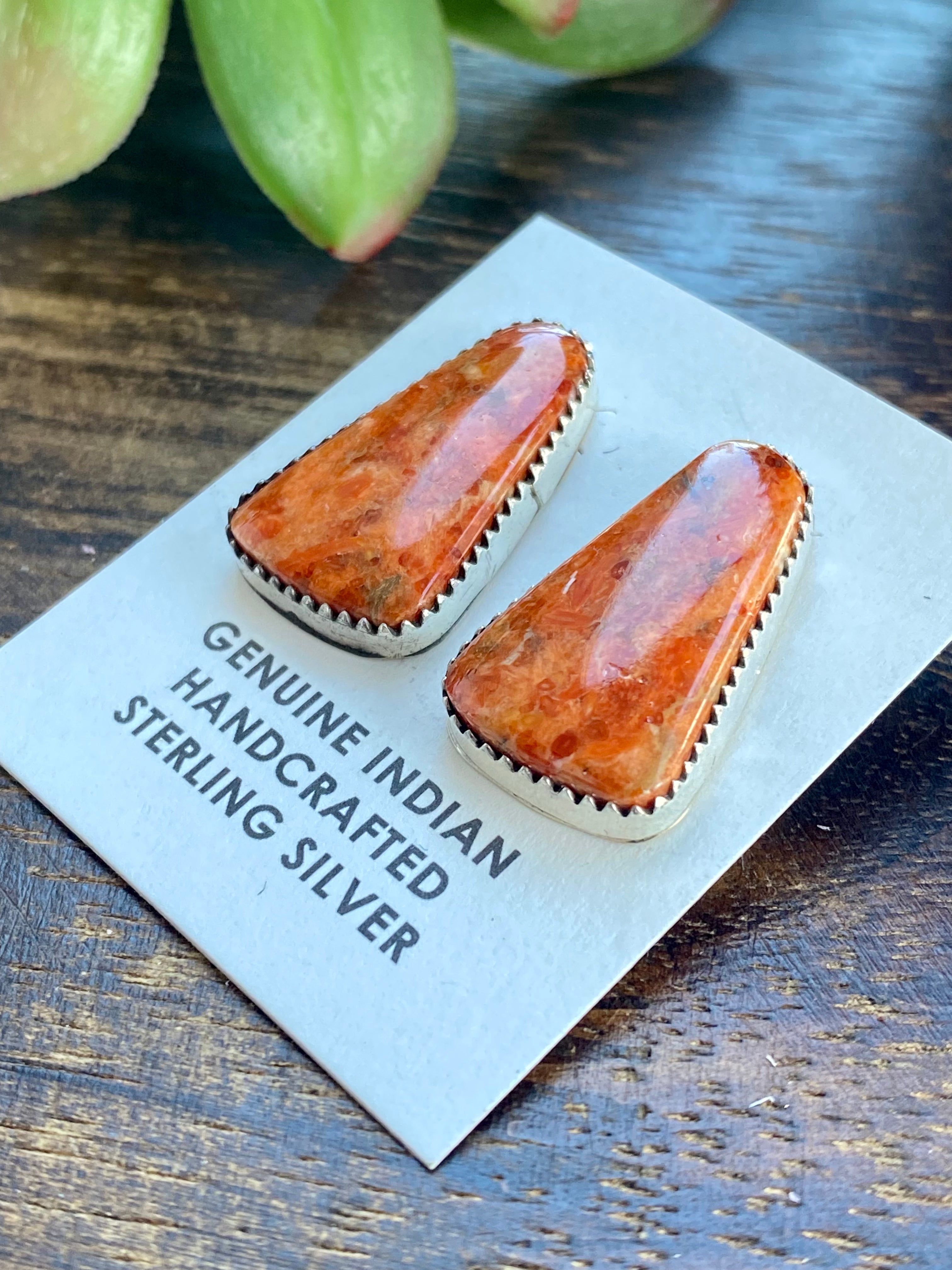 Navajo Made Apple Coral & Sterling Silver Post Earrings