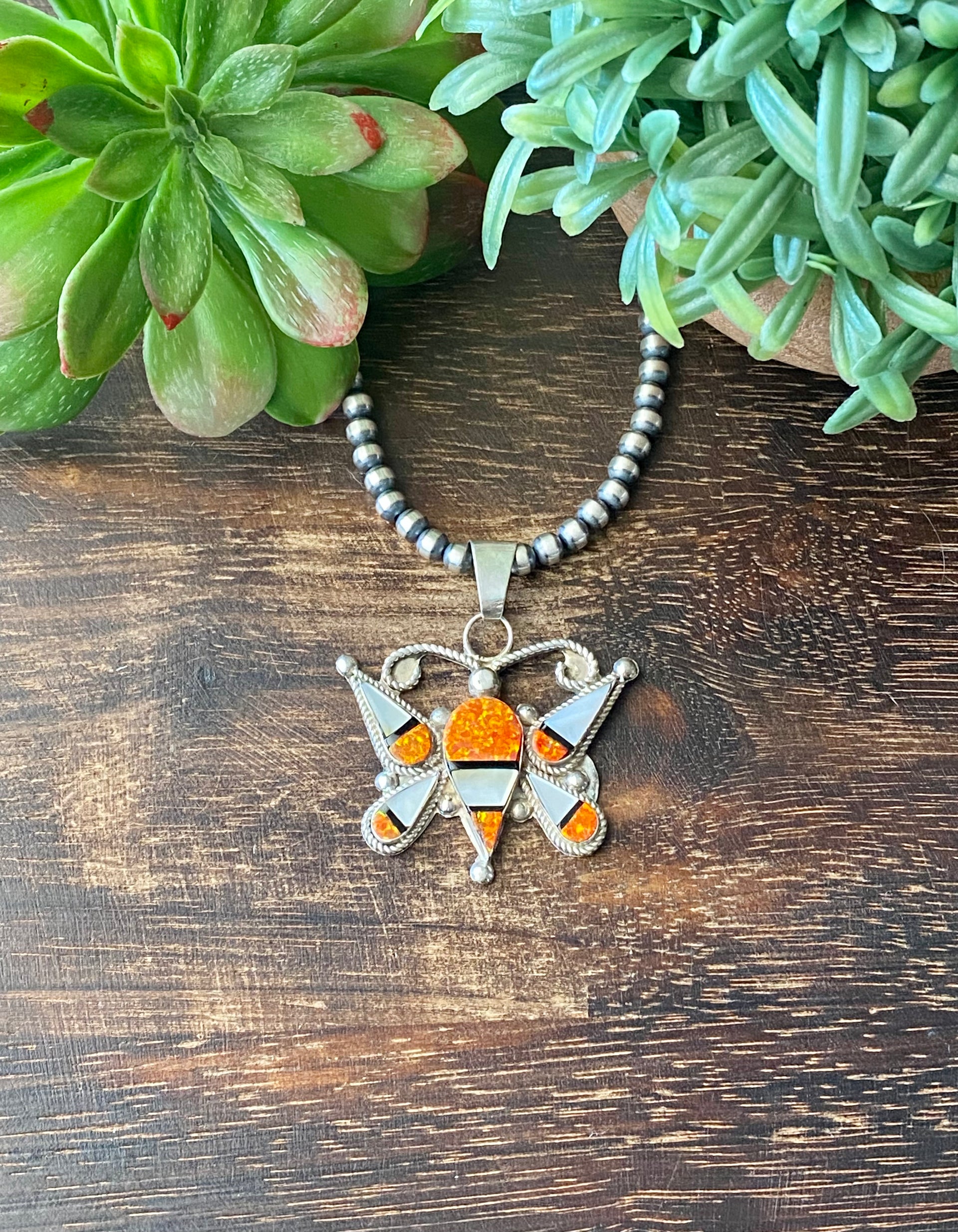 Marlon Quam Multi Stone & Sterling Silver Inlay Butterfly Pendant