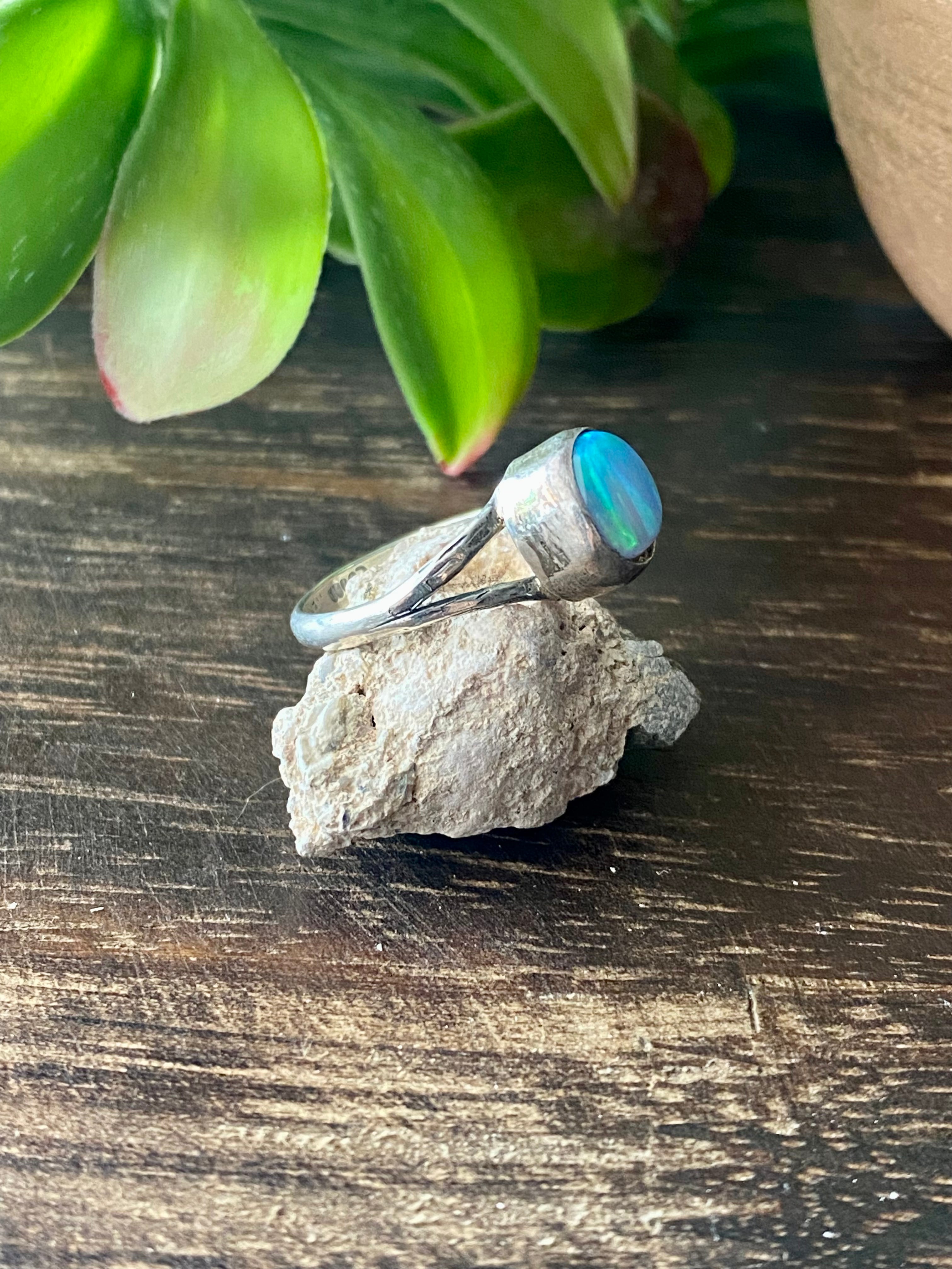 Navajo Made Blue Opal & Sterling Silver Ring Size 6.5