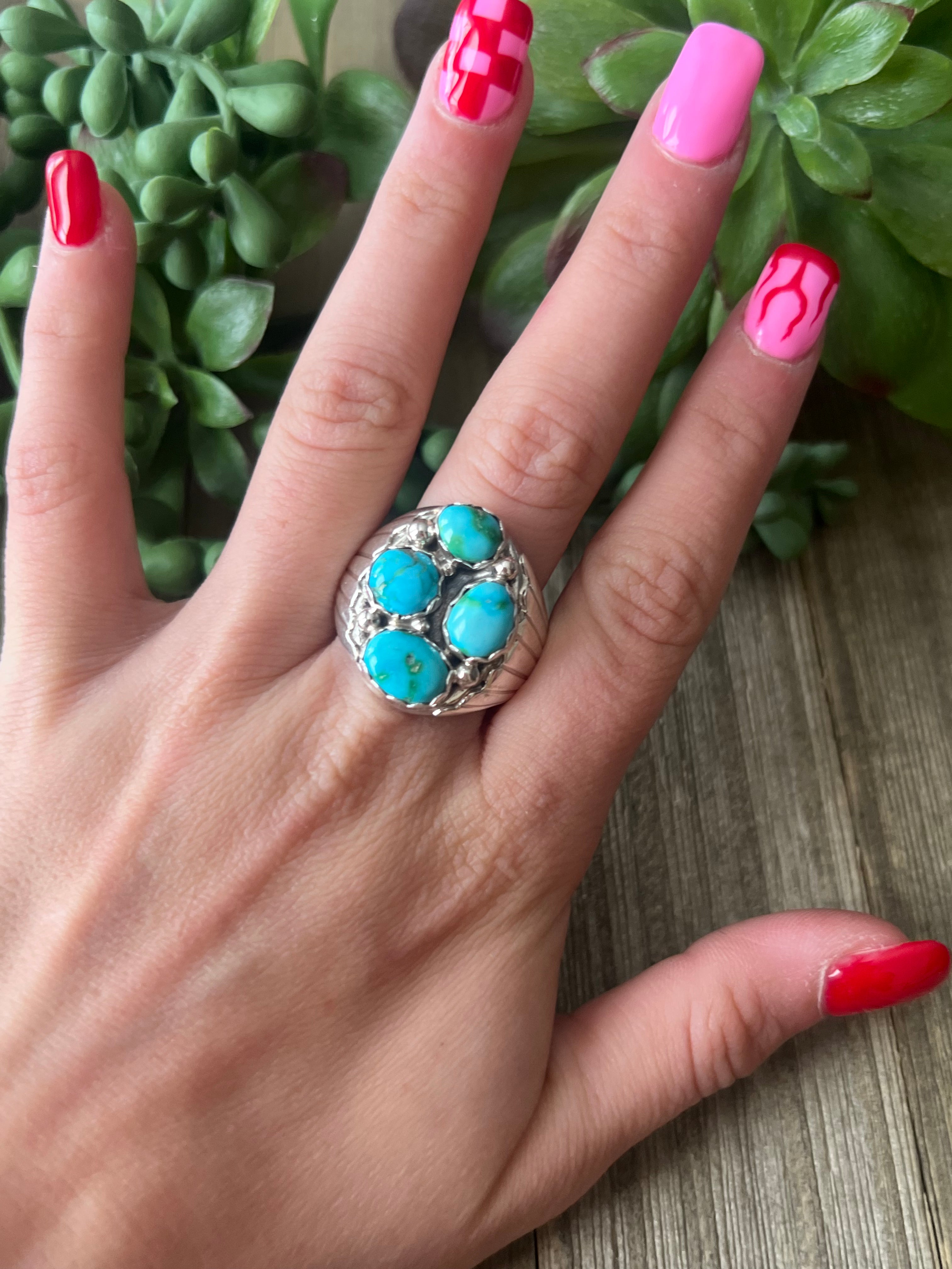 Navajo Made Sonoran Mountain Turquoise & Sterling Silver Ring Size 12