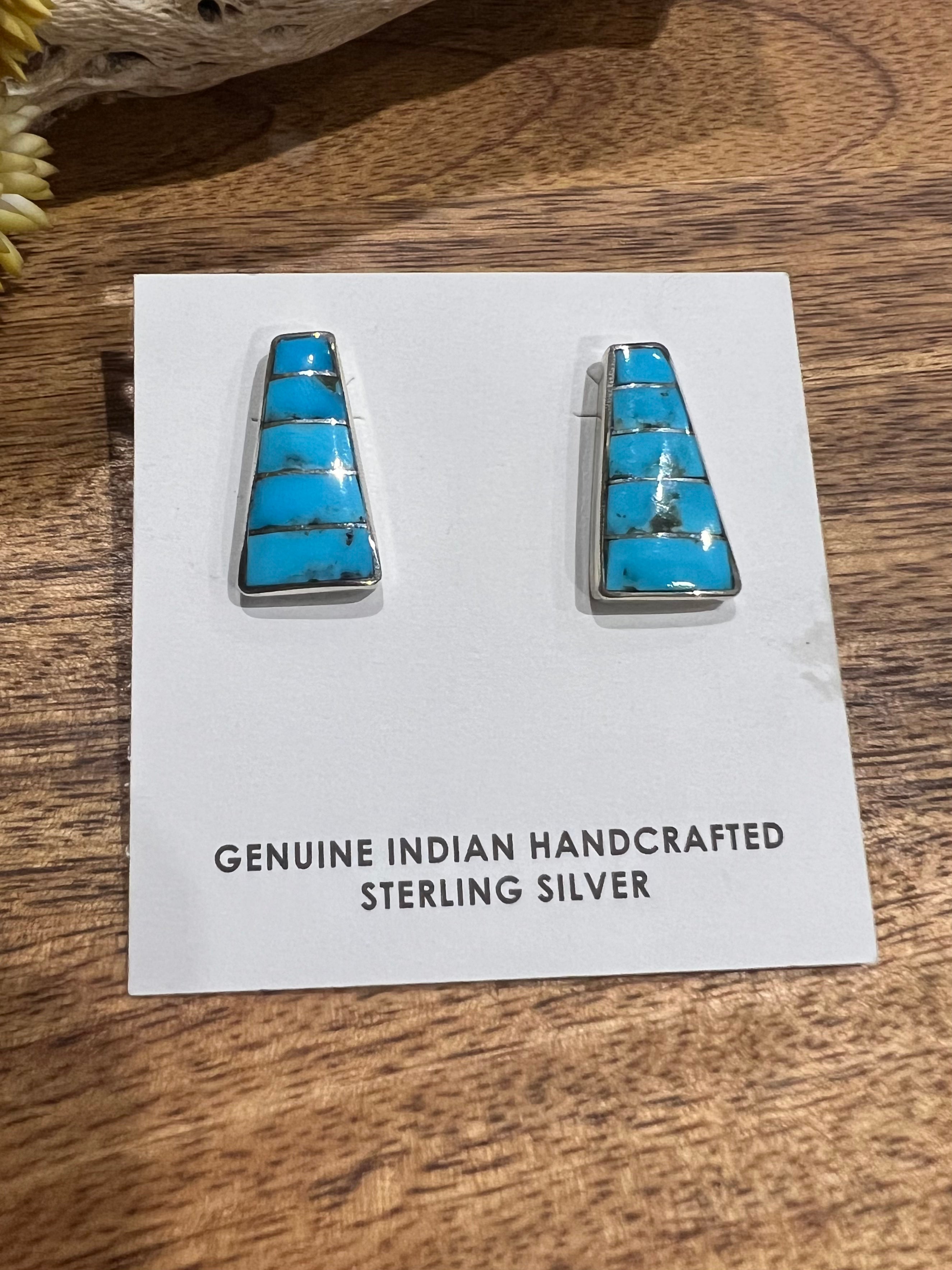 Zuni Made Kingman Turquoise & Sterling Silver Inlay Post Earrings