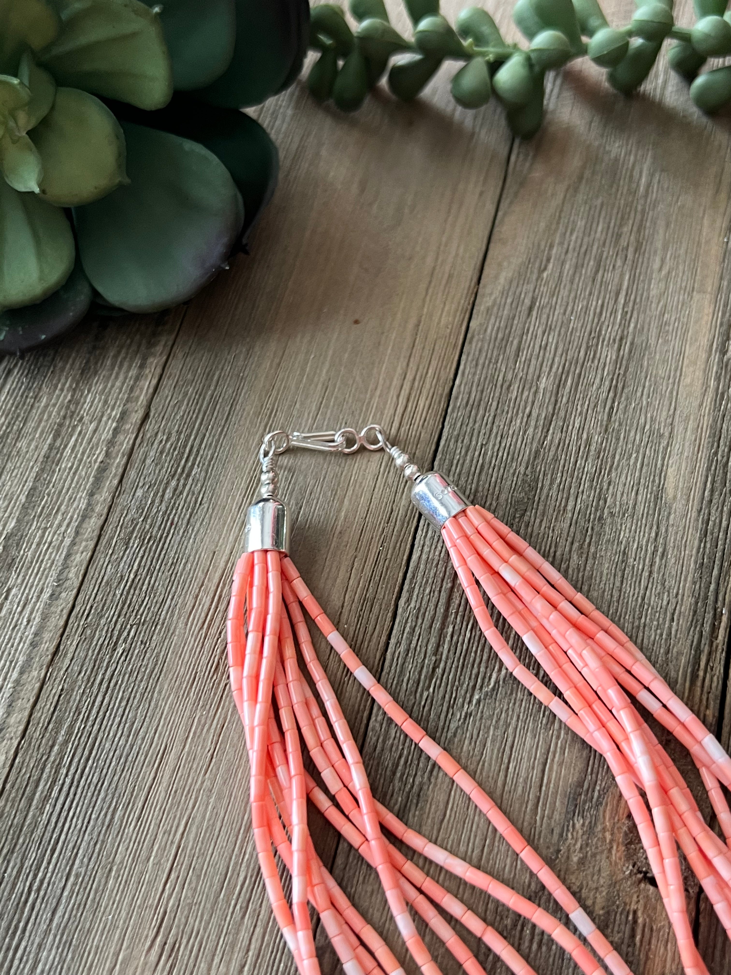 Navajo Strung Pink Salmon Coral & Sterling Silver Beaded Layered Necklace