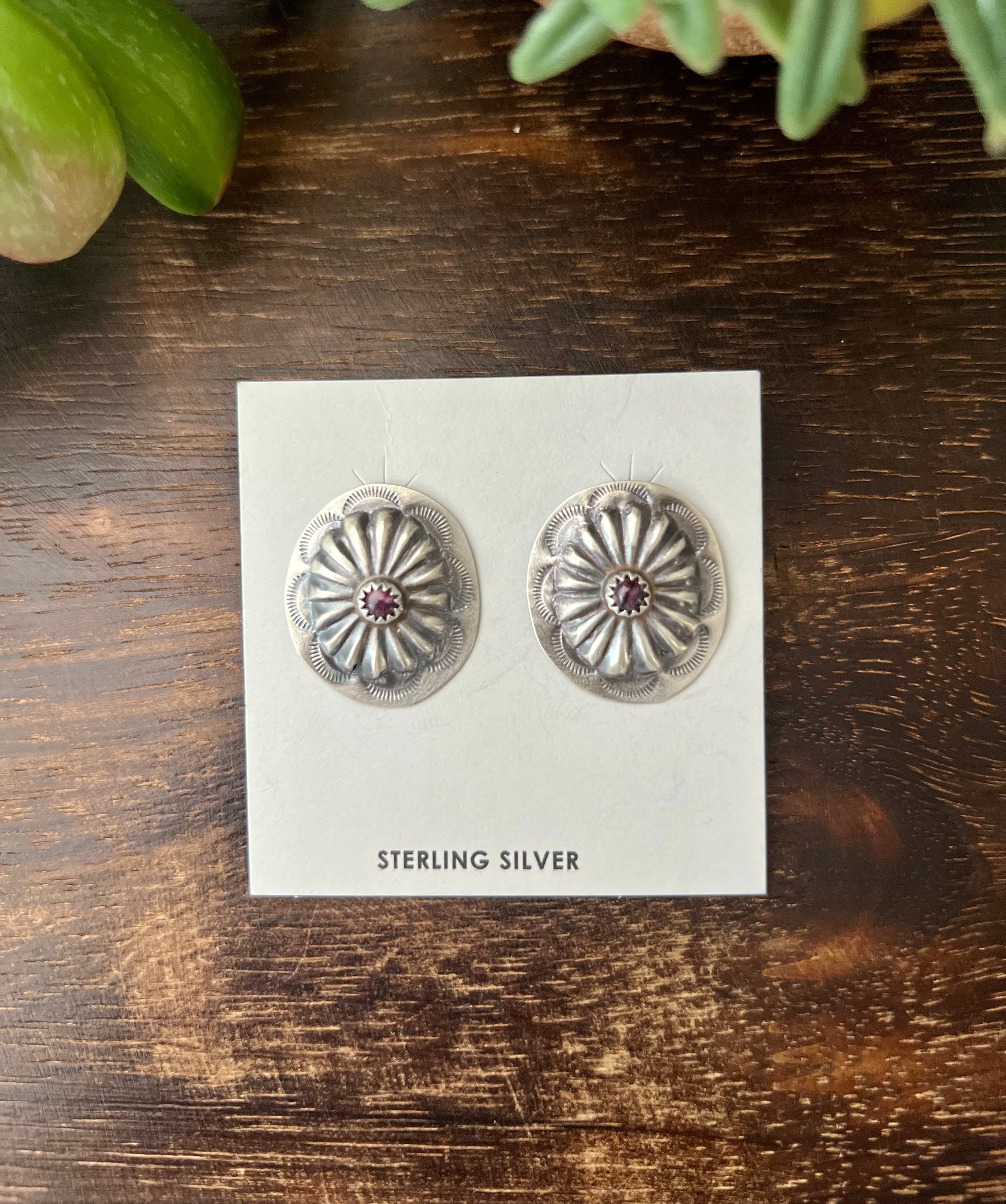 Navajo Made Purple Spiny Oys & Sterling Silver Post Concho Earrings