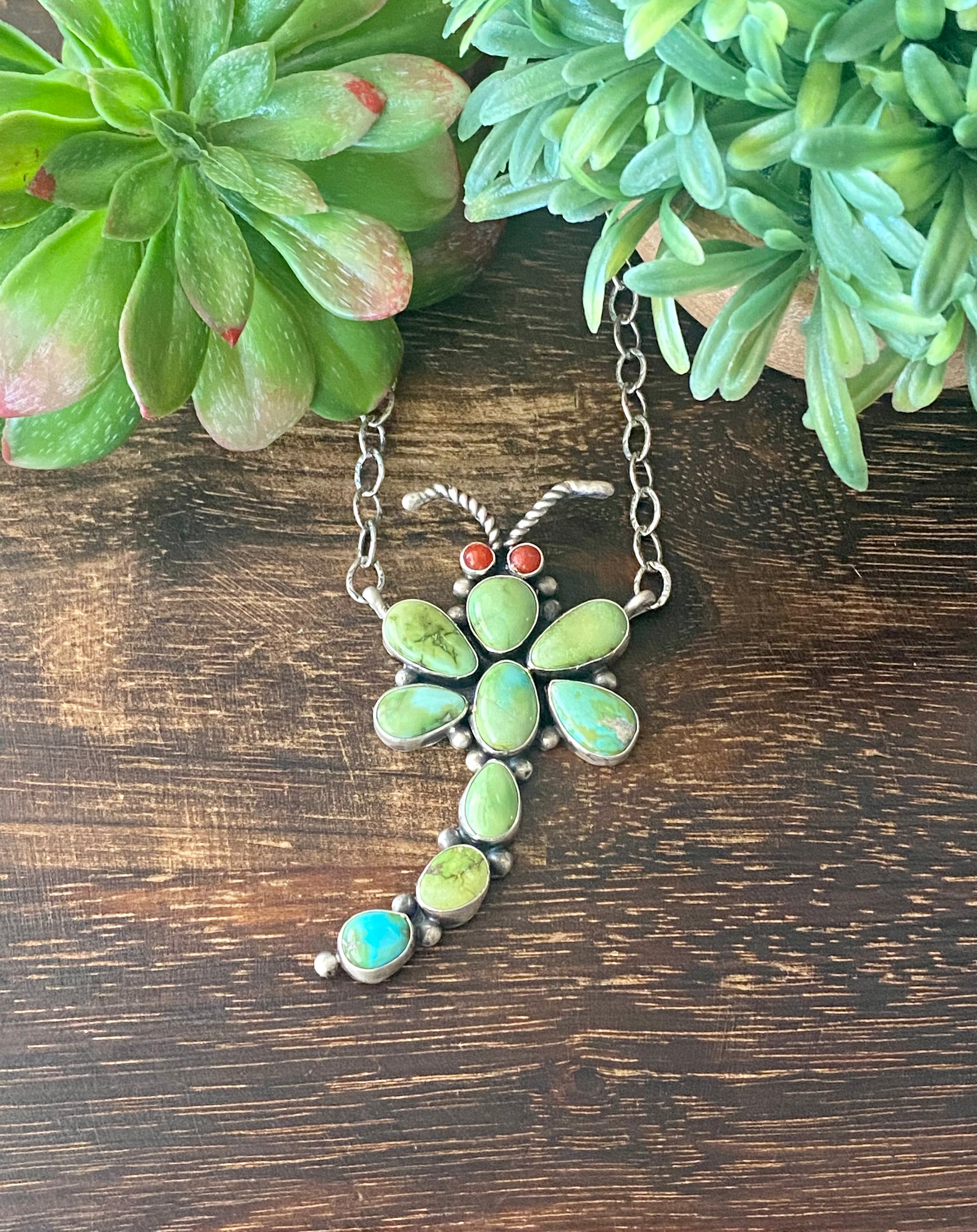 Andrew James Sonoran Gold Turquoise & Coral Sterling Silver Dragonfly Necklace