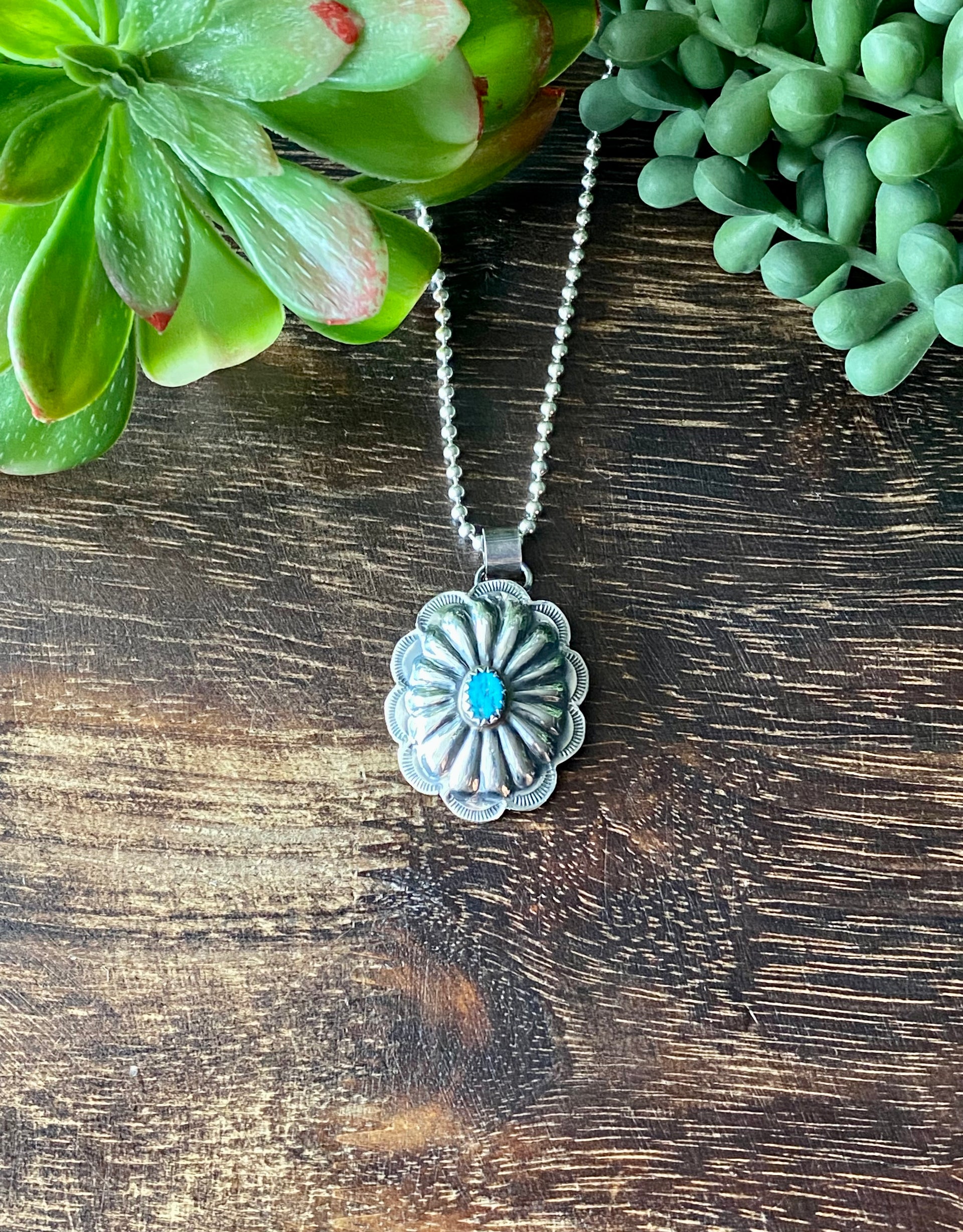 Navajo Made Kingman Turquoise & Sterling Silver Concho Pendant