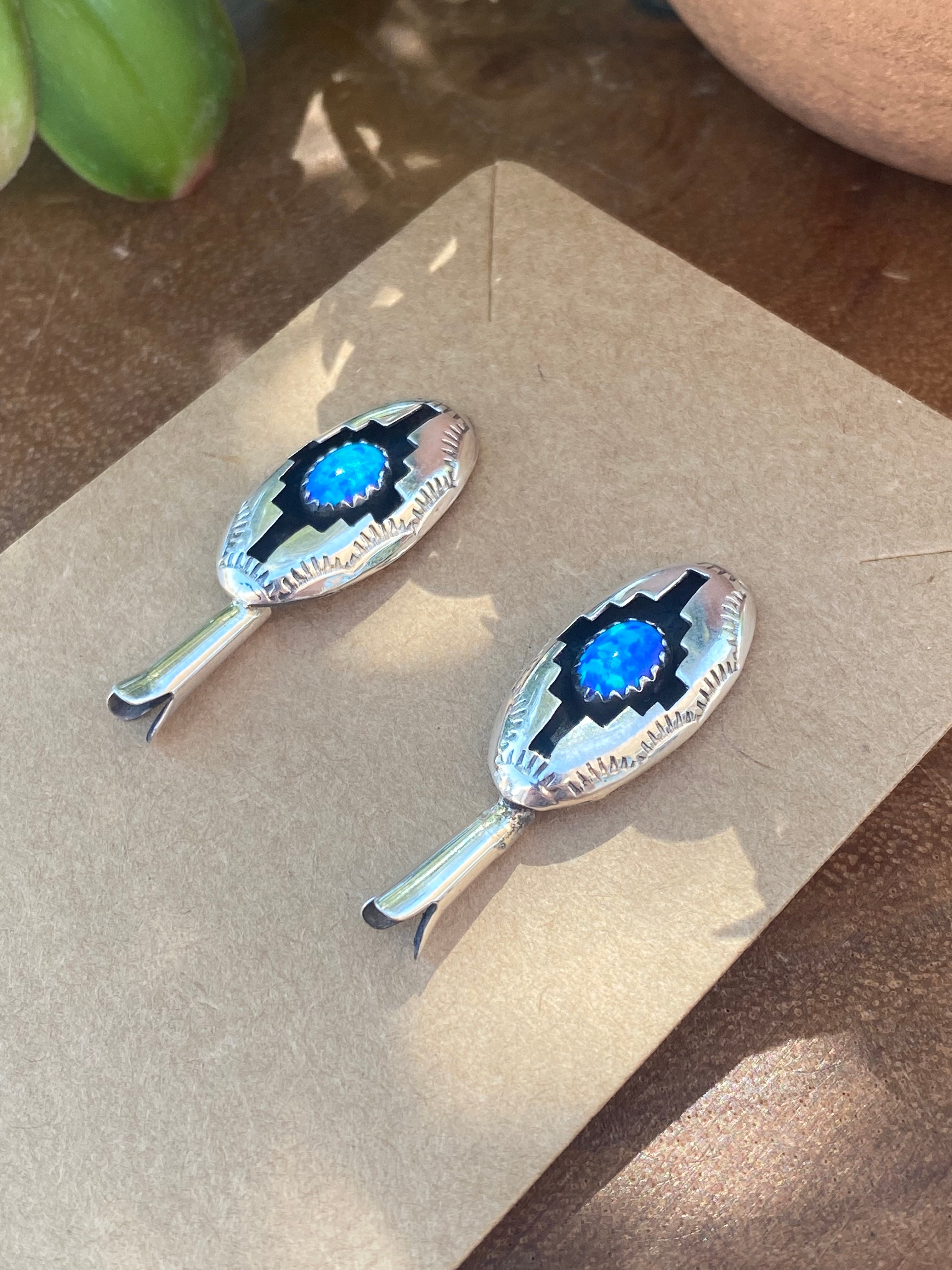 Navajo Made Blue Opal & Sterling Silver Blossom Post Dangle Earrings