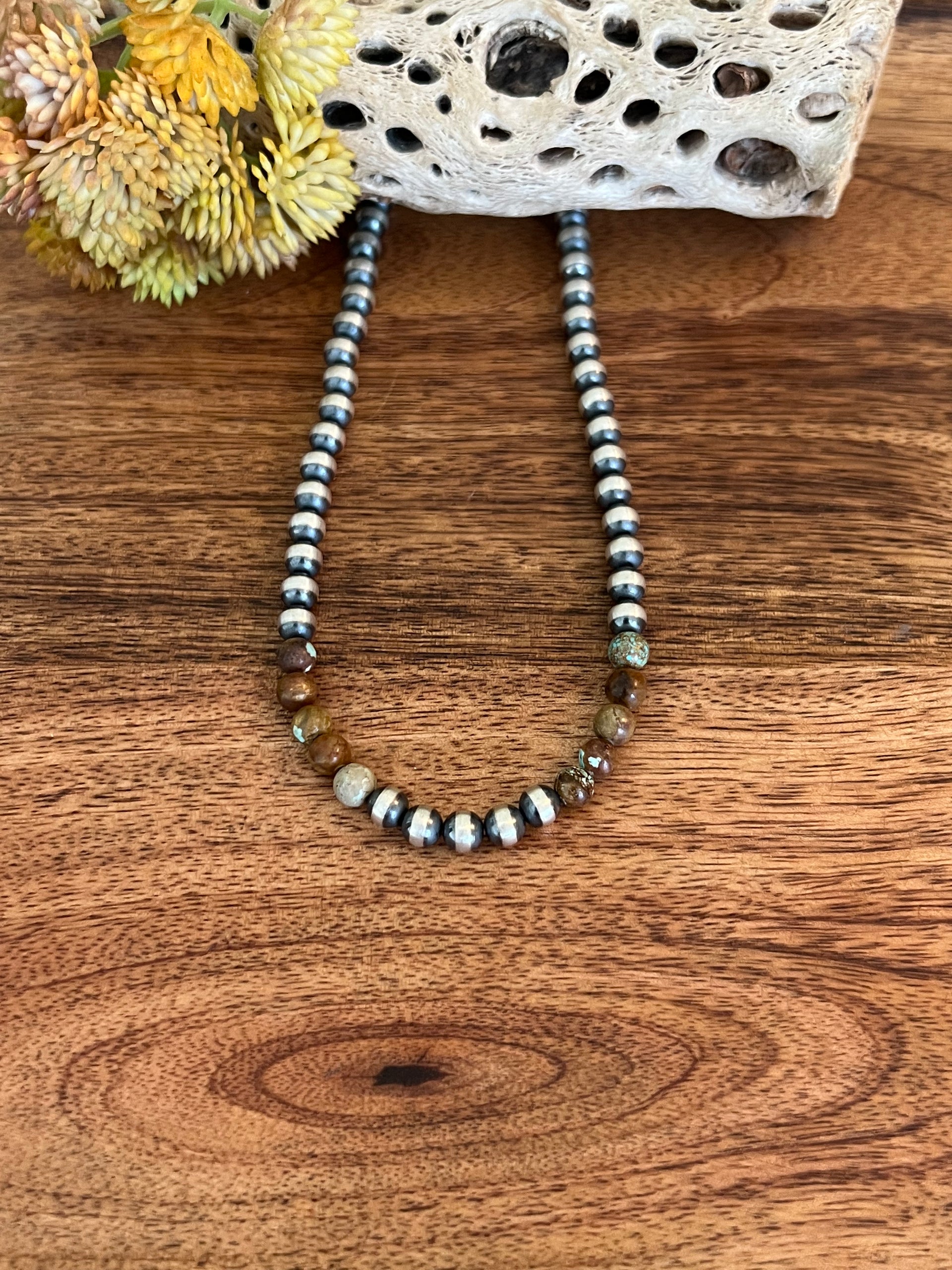 Navajo Strung #8 Turquoise & Sterling Silver 8 MM Pearl Necklaces Stamped Sterling