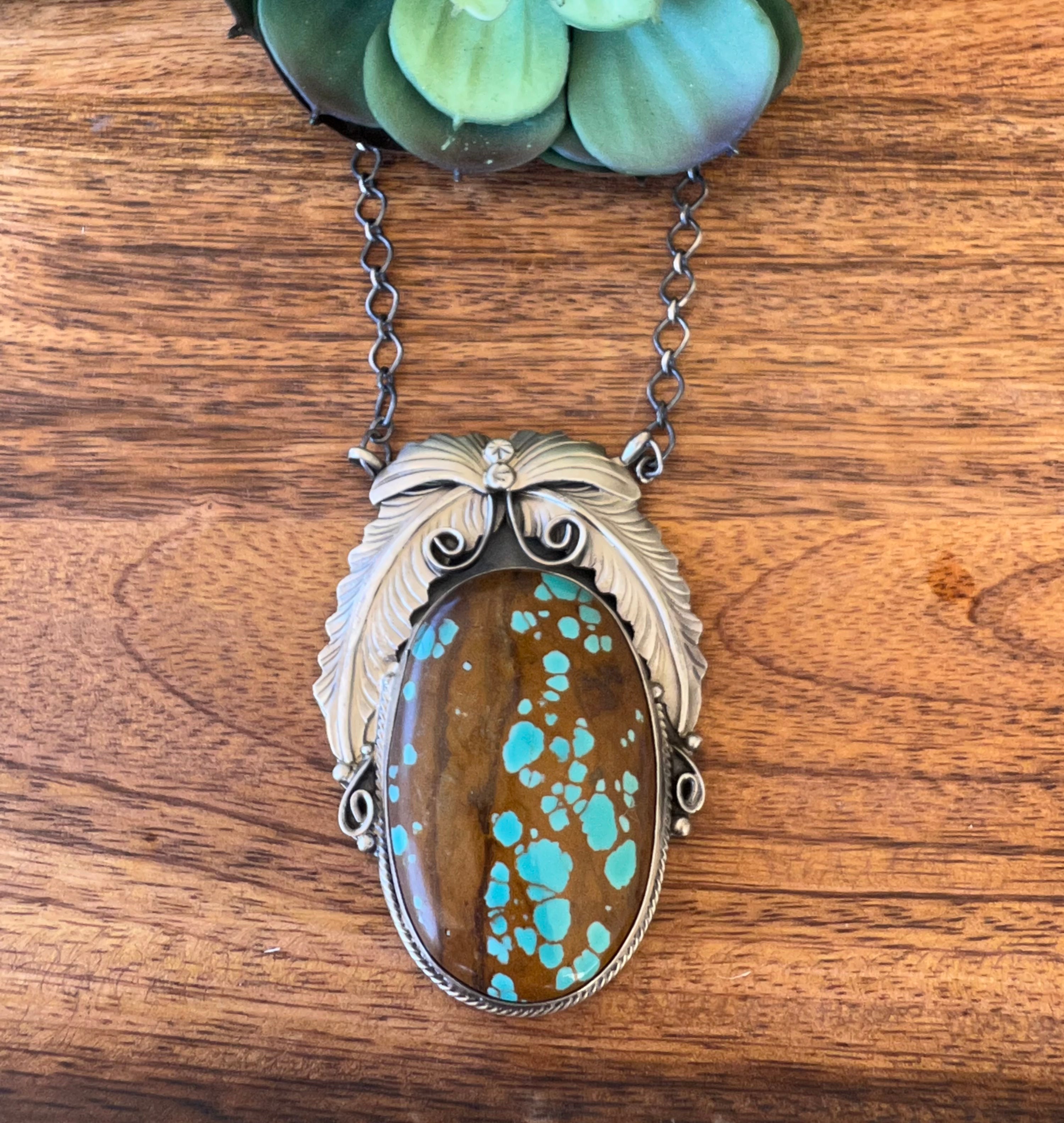 Navajo Made Pilot Mountain Turquoise & Sterling Silver Necklace.