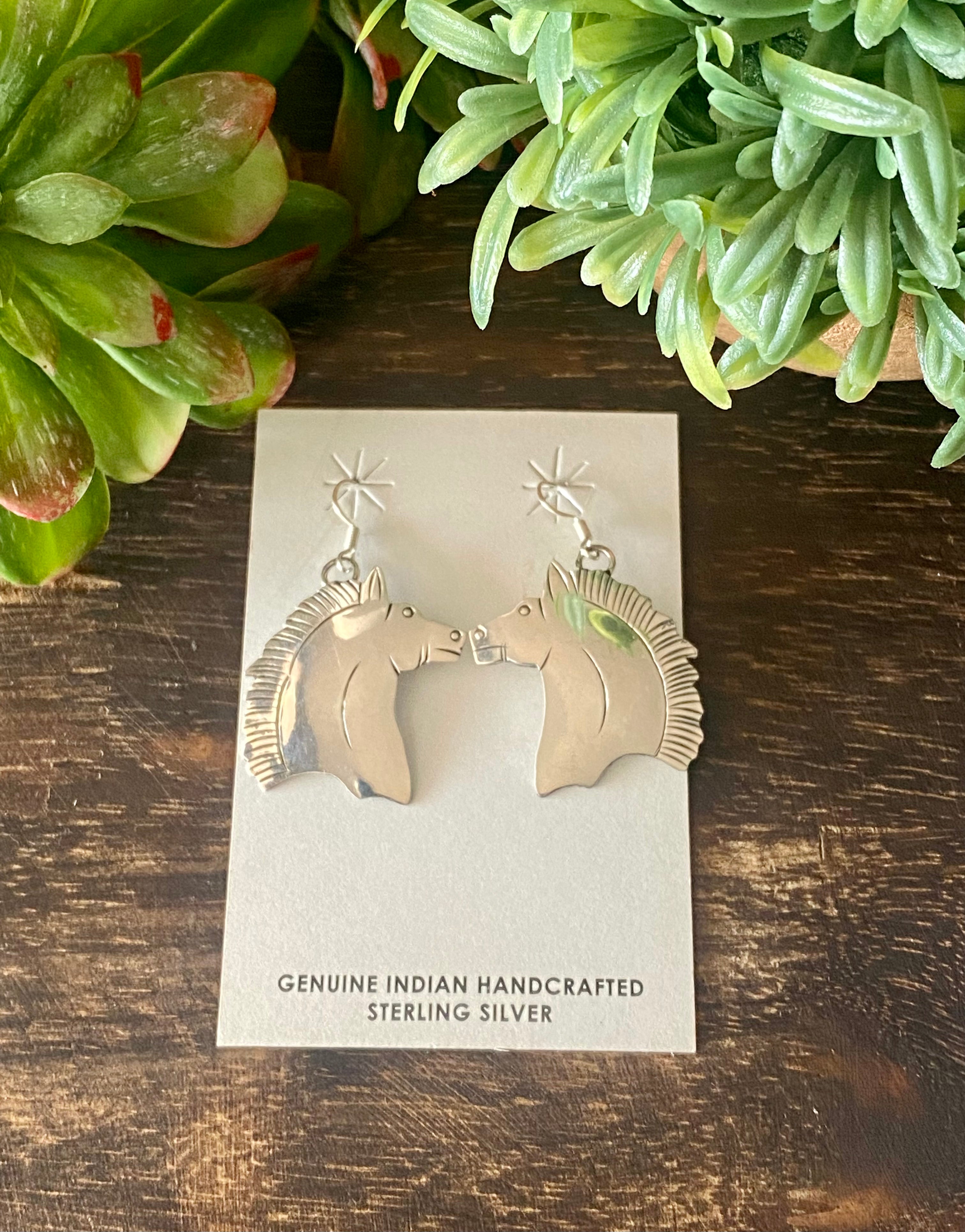 Navajo Made Sterling Silver Horse Dangle Earrings