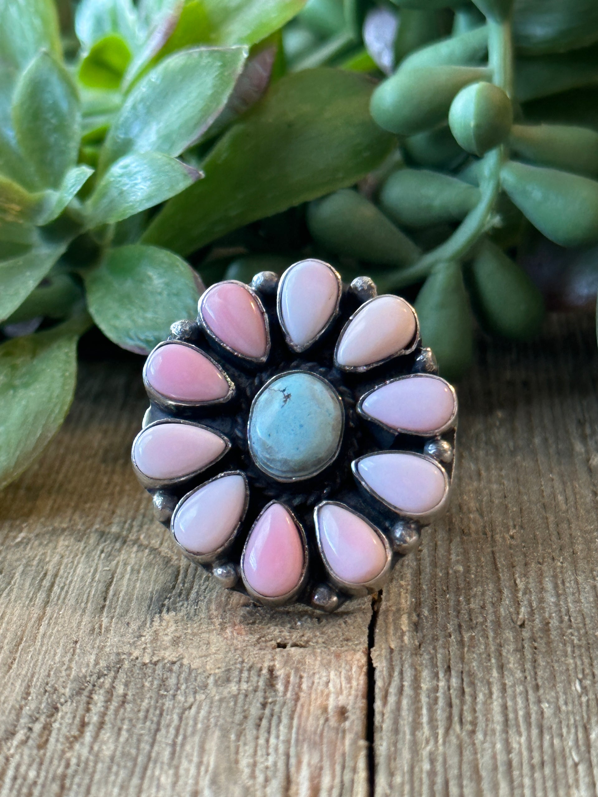 Navajo Made Golden Hill & Pink Conch & Sterling Silver Adjustable Cluster Ring