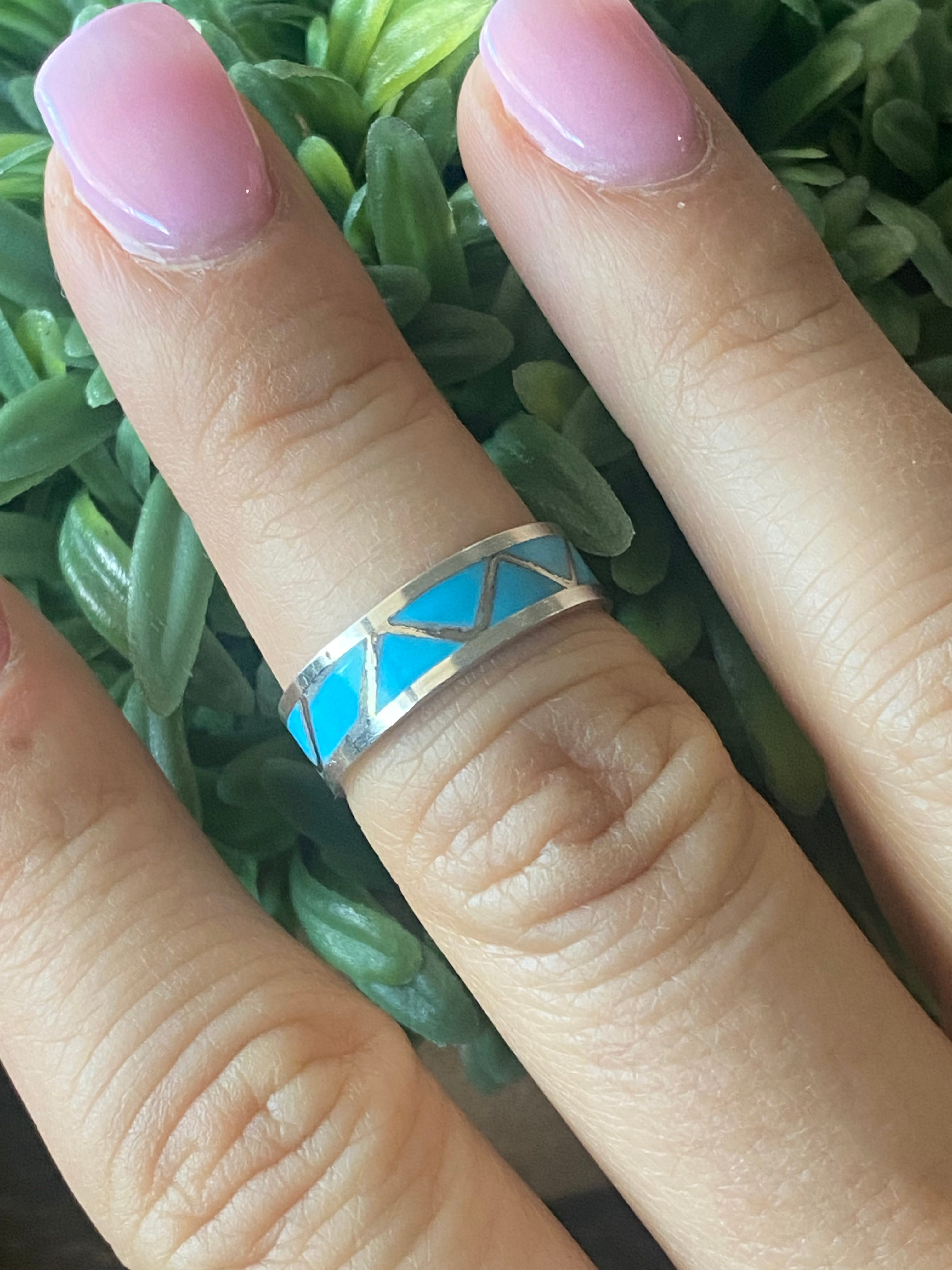 Navajo Made Turquoise & Sterling Silver Inlay Ring Size 6