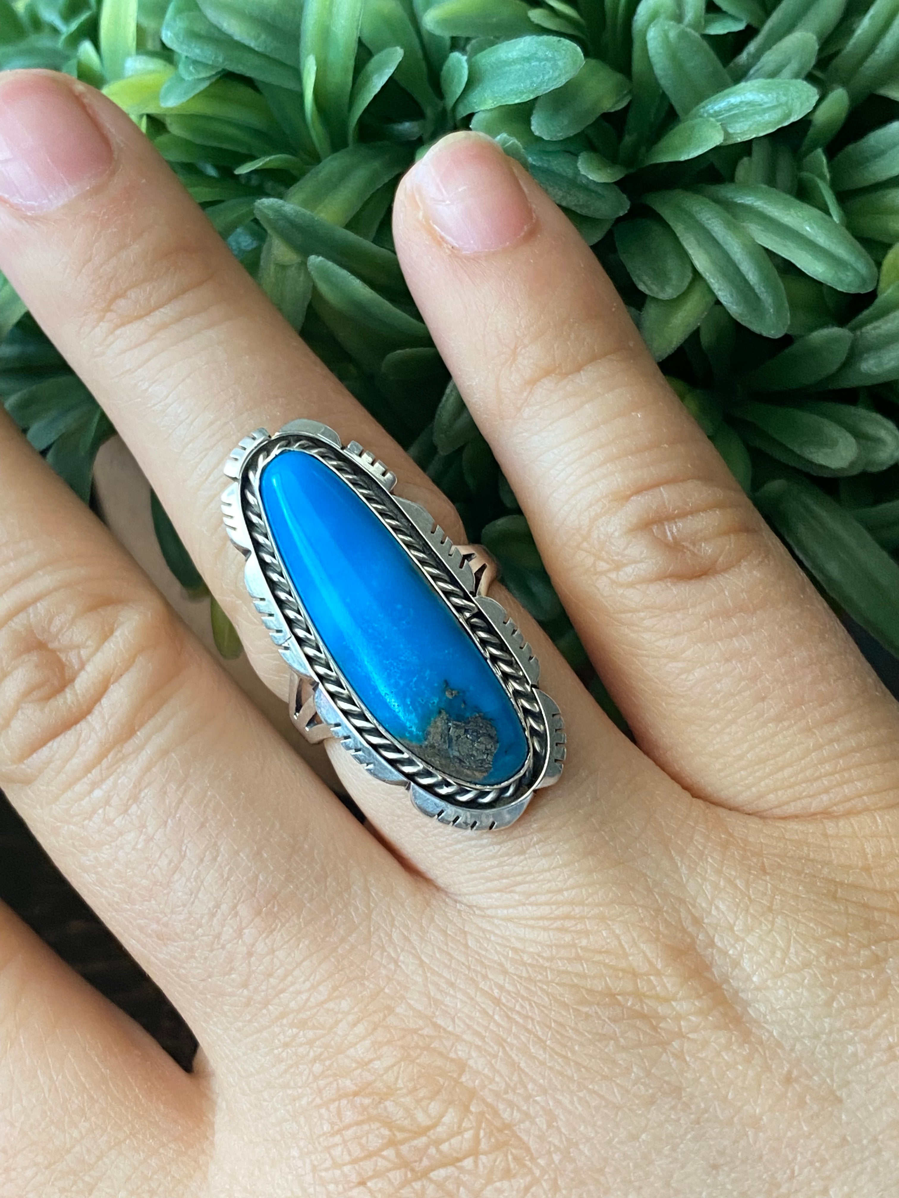 Navajo Made Kingman Turquoise & Sterling Silver Ring Size 8.5