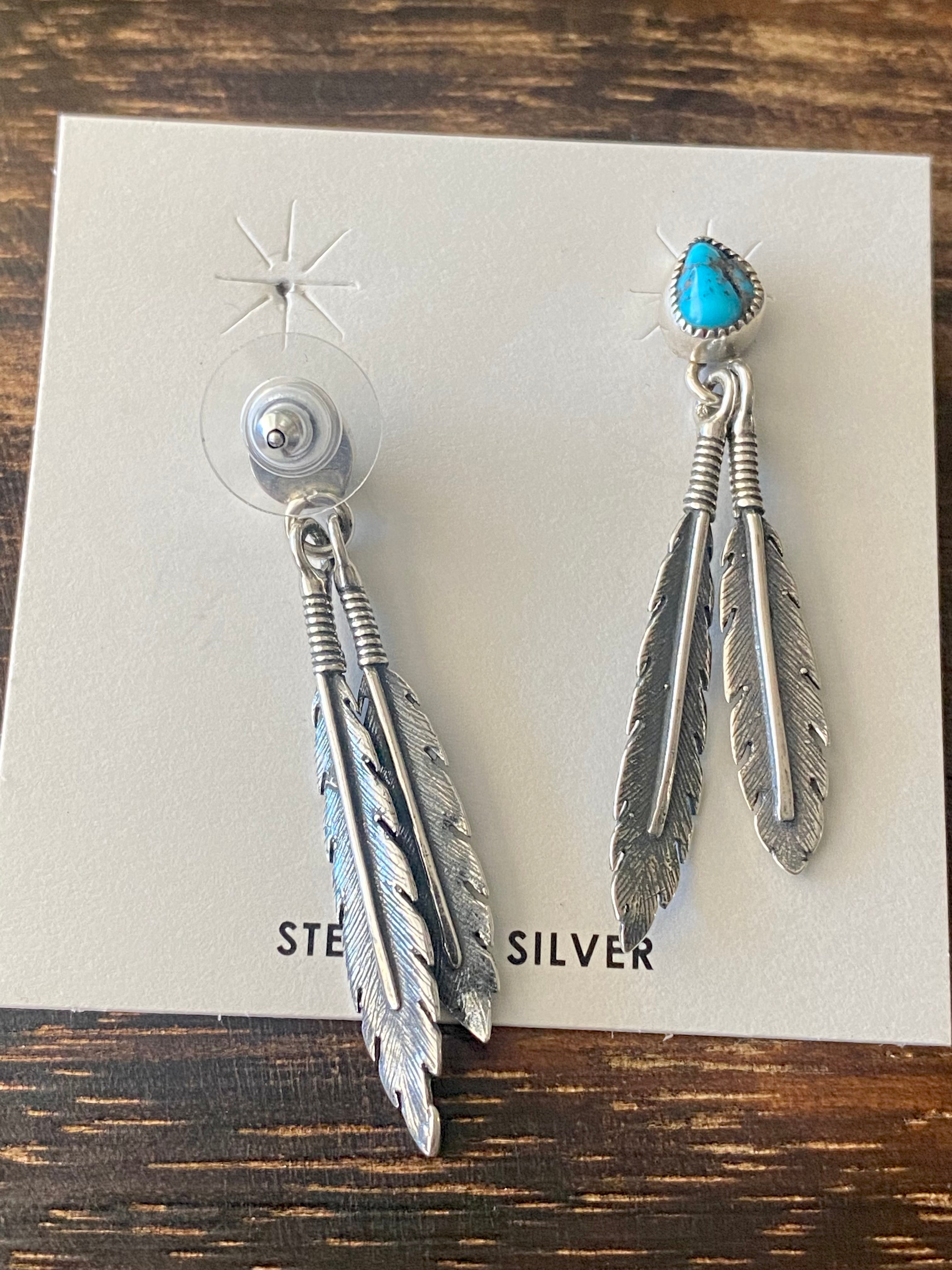 Navajo Made Kingman Turquoise & Sterling Silver Post Feather Dangle Earrings