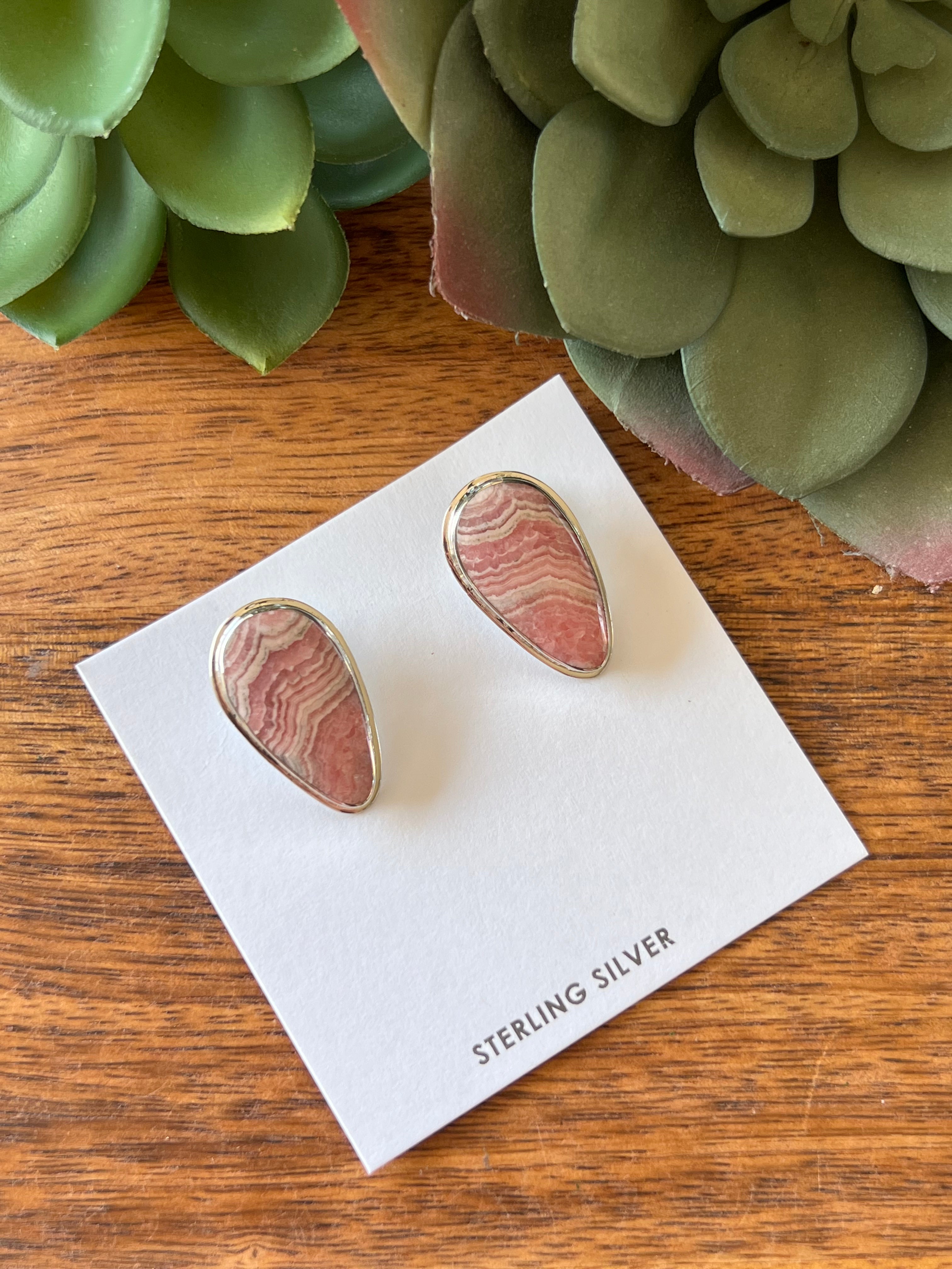 Navajo Made Rhodochrosite  & Sterling Silver Clip On Earrings