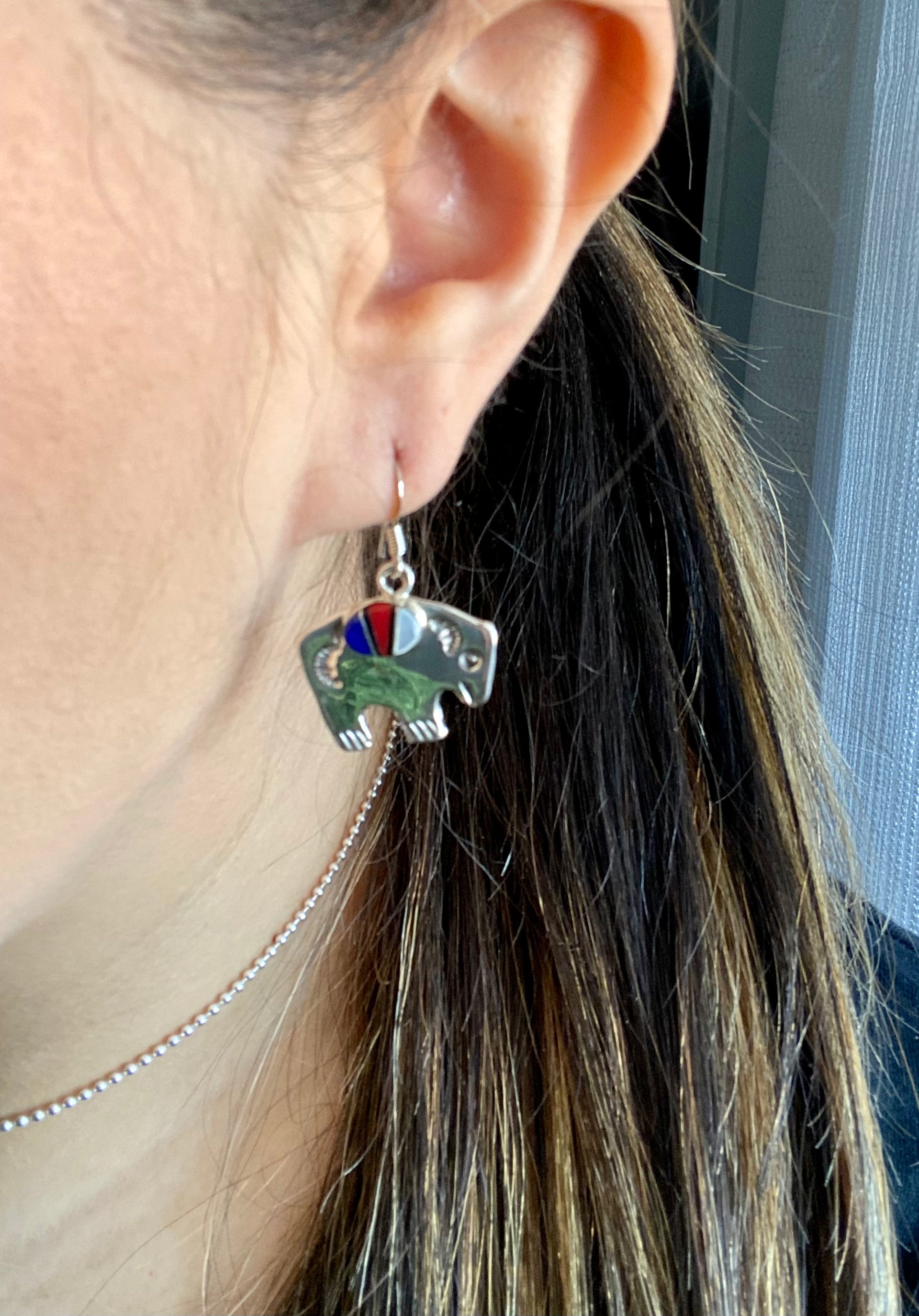 Joe Martinez Multi Stone & Sterling Silver Inlay Buffalo Dangle Earrings