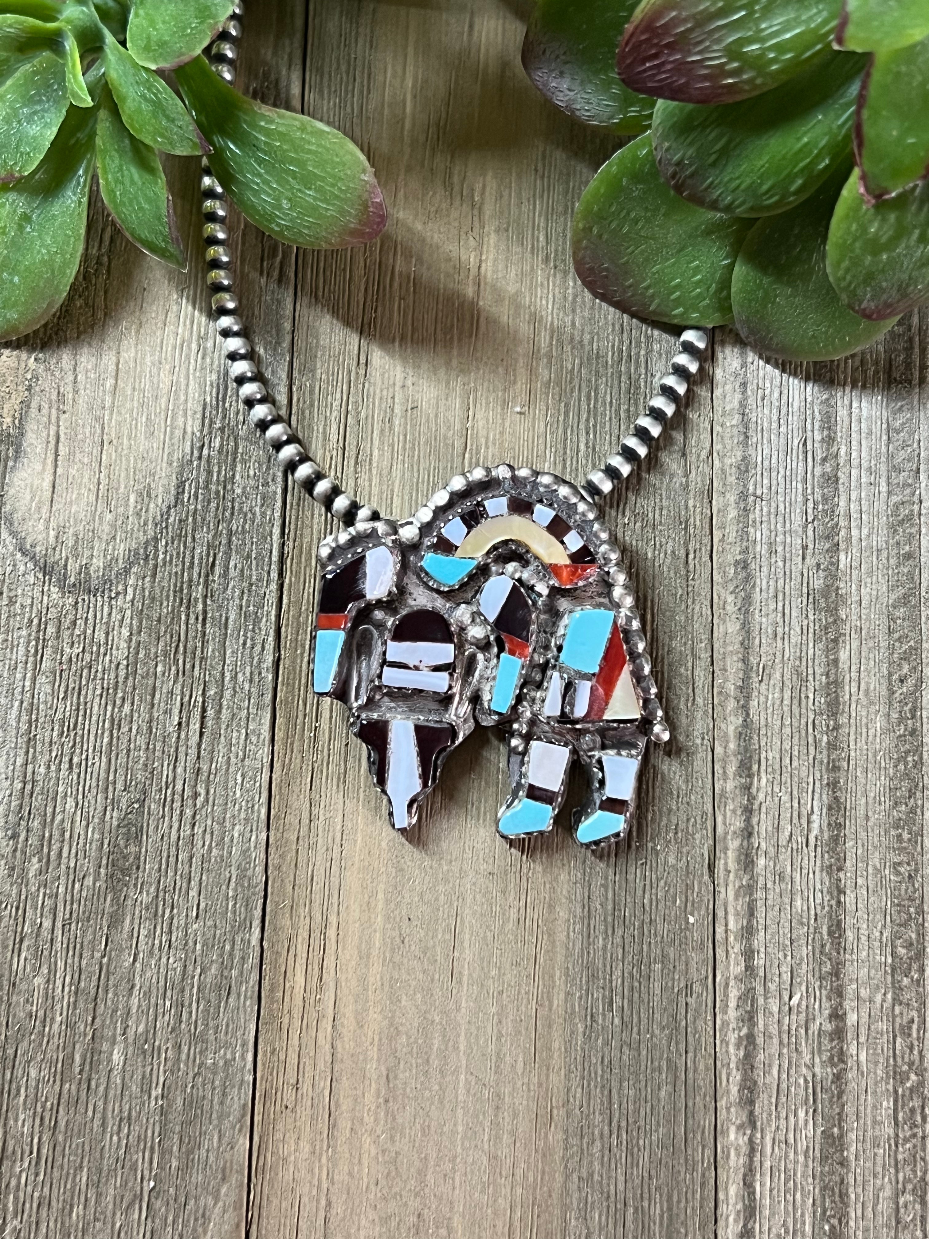 Vintage Zuni Made Multi Stone & Sterling Silver Inlay Pendant