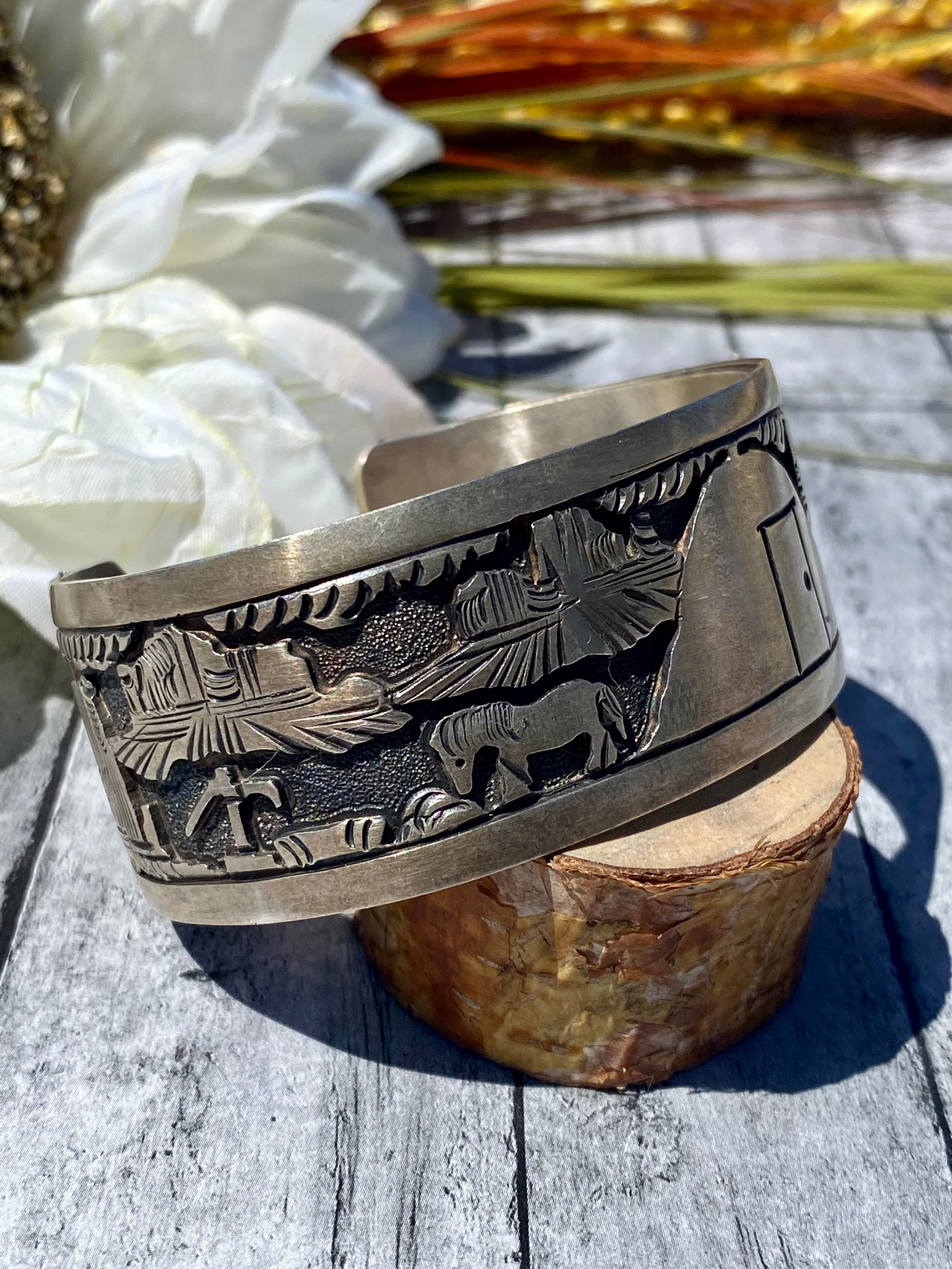 Vintage Navajo Made Sterling Silver Storyteller Cuff Bracelet