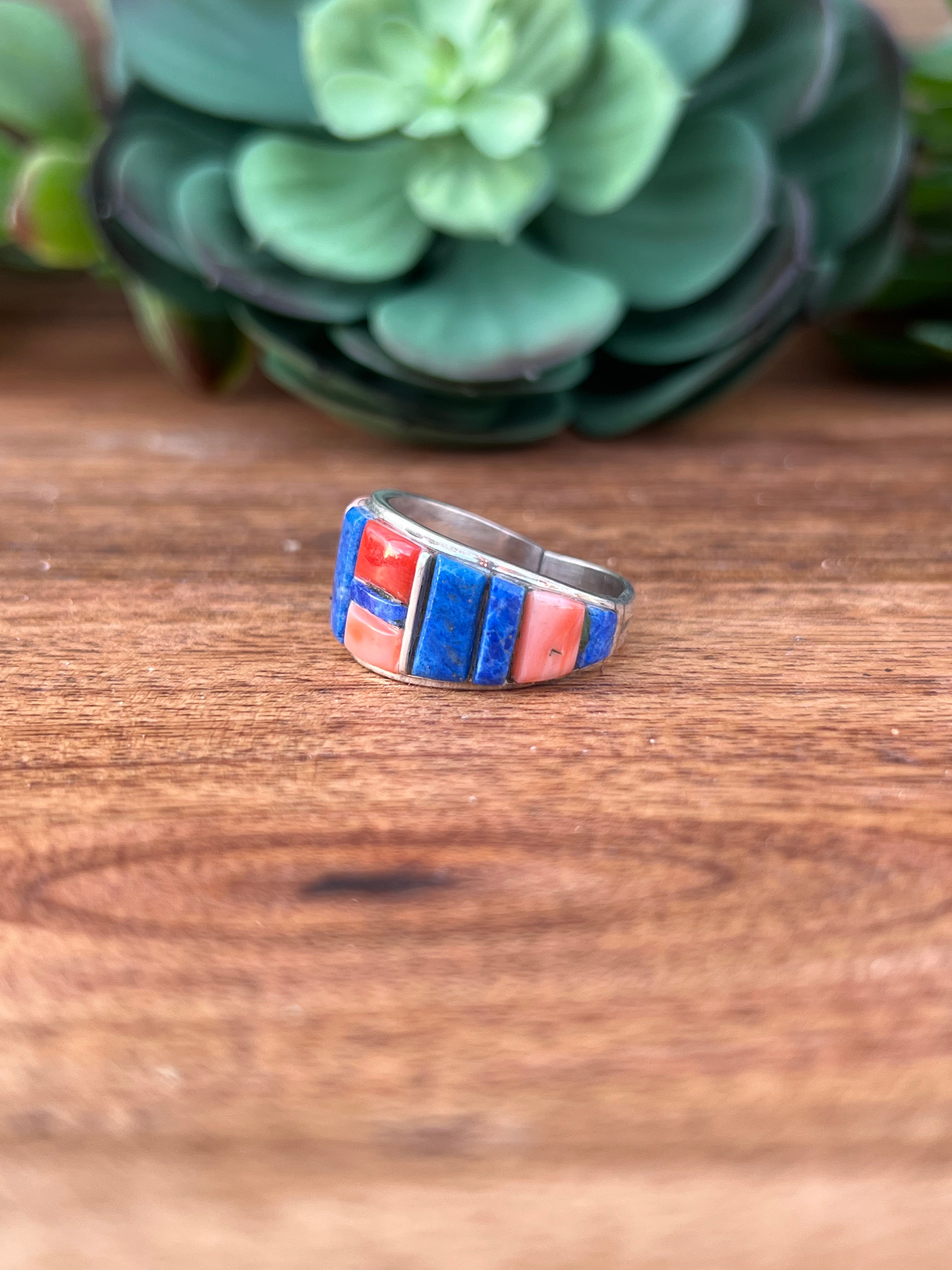 Edison Yazzie Multi Stone & Sterling Silver Inlay Ring Size 10.5