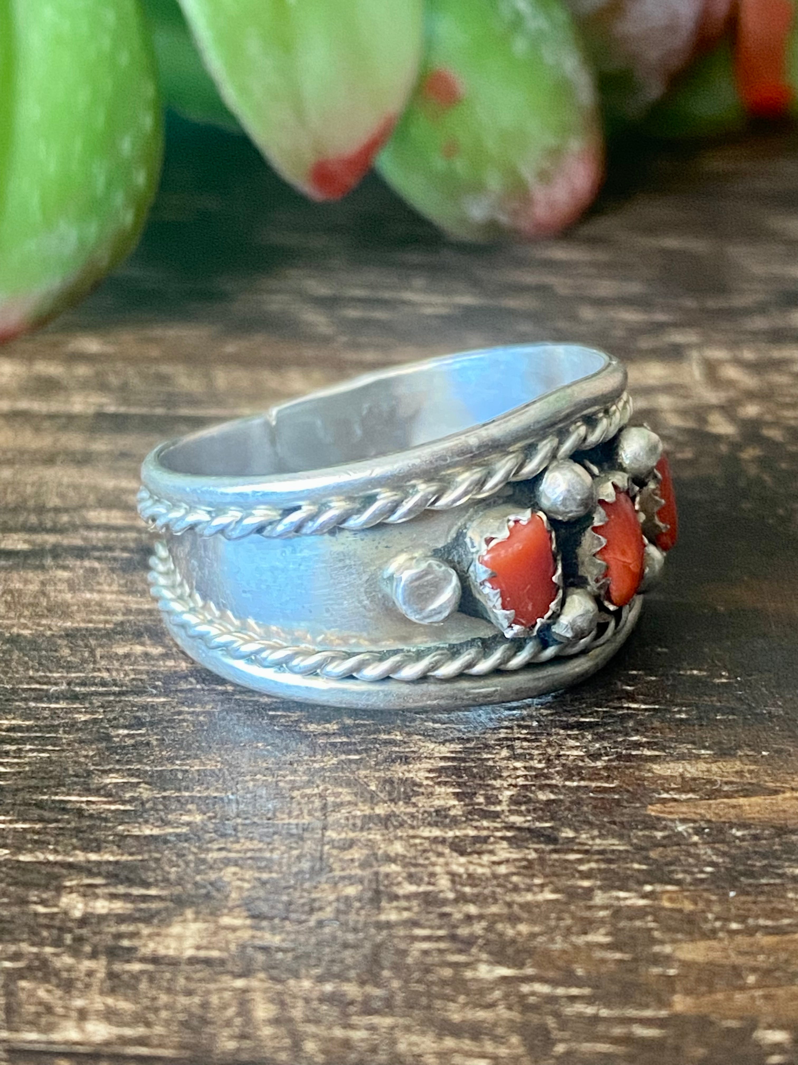 Navajo Made Coral & Sterling Silver Ring Size 11.5