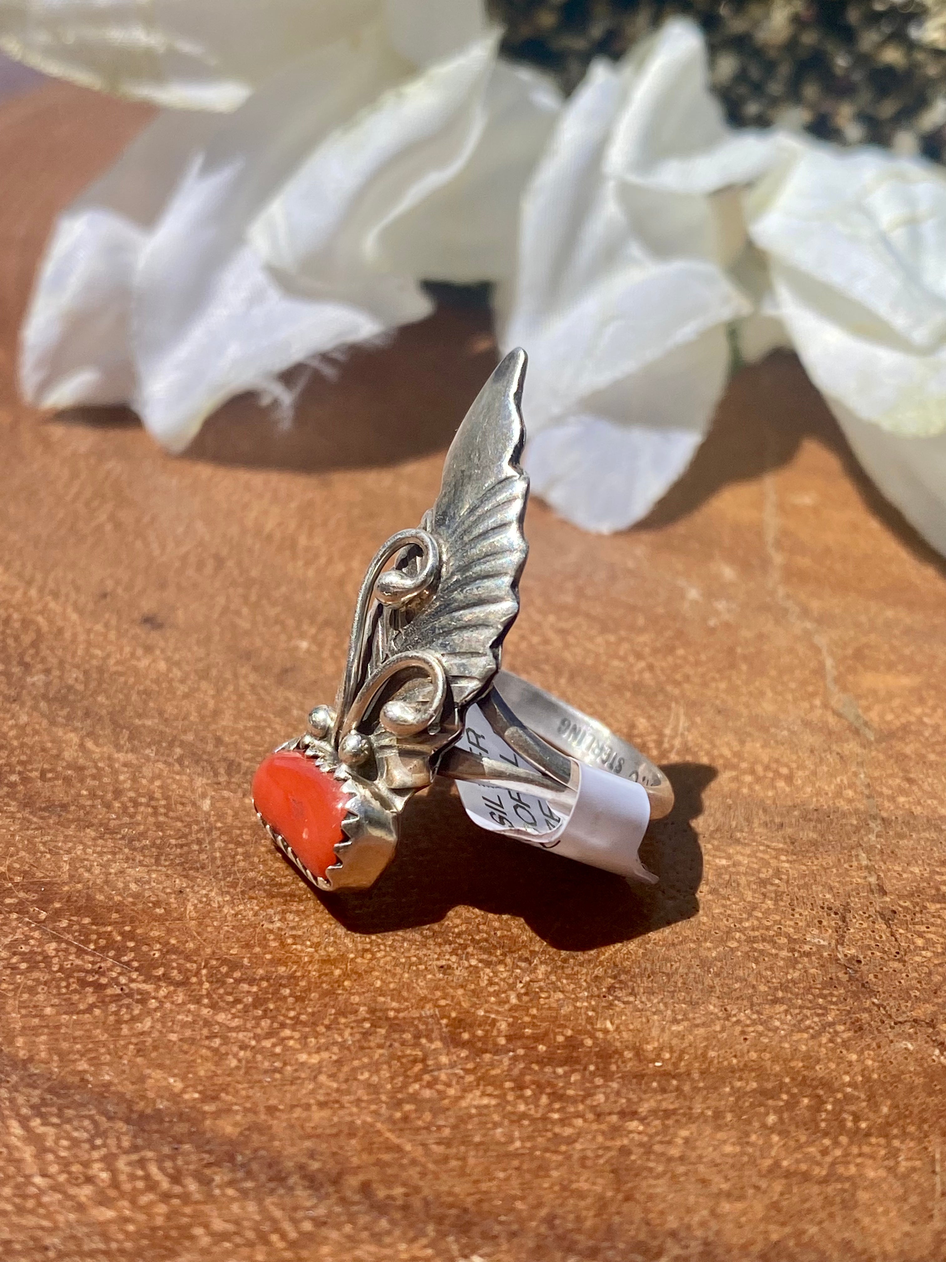 Carolynn Nez Coral & Sterling Silver Feather Ring Size 4.5